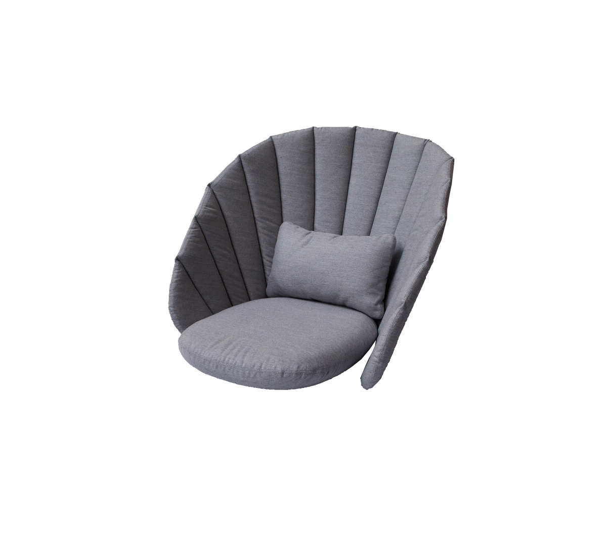 Stilfuld grå loungechair med et afrundet design og en blød pude, der tilbyder en hyggelig siddemulighed.
