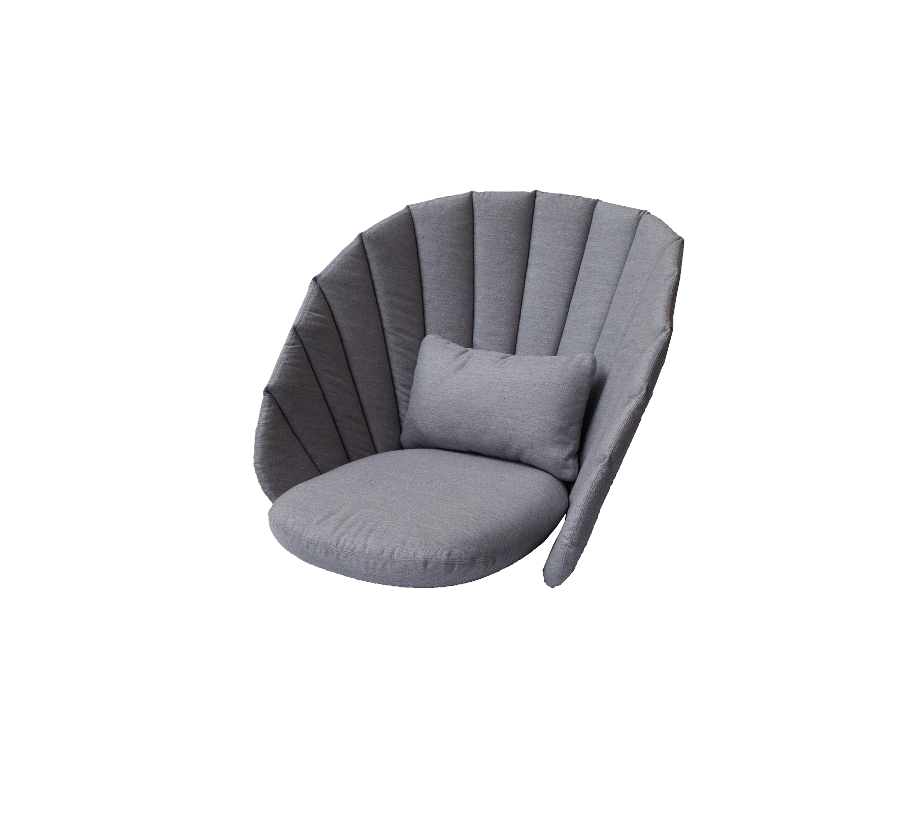 Stilfuld grå loungechair med et afrundet design og en blød pude, der tilbyder en hyggelig siddemulighed.
