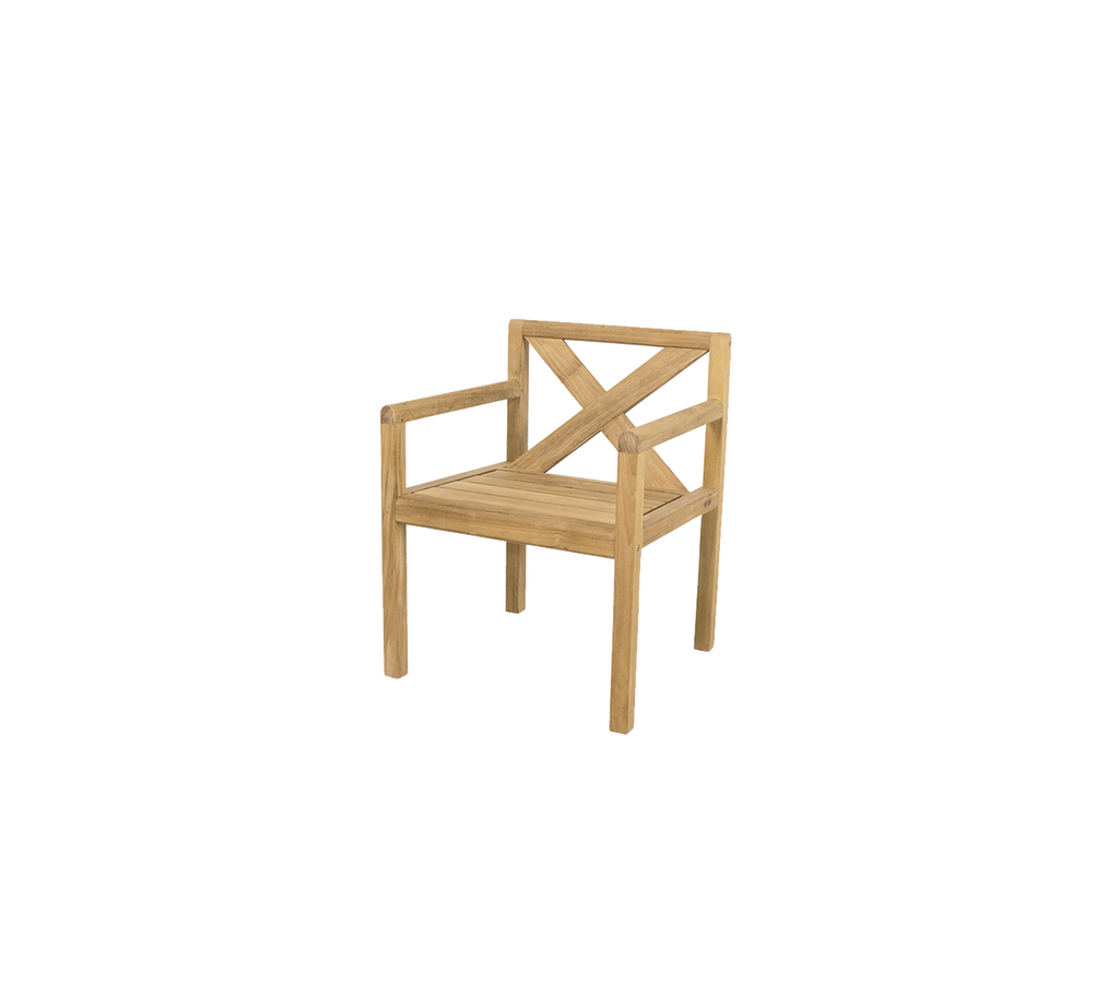Teak stol med krydsrygdesign.