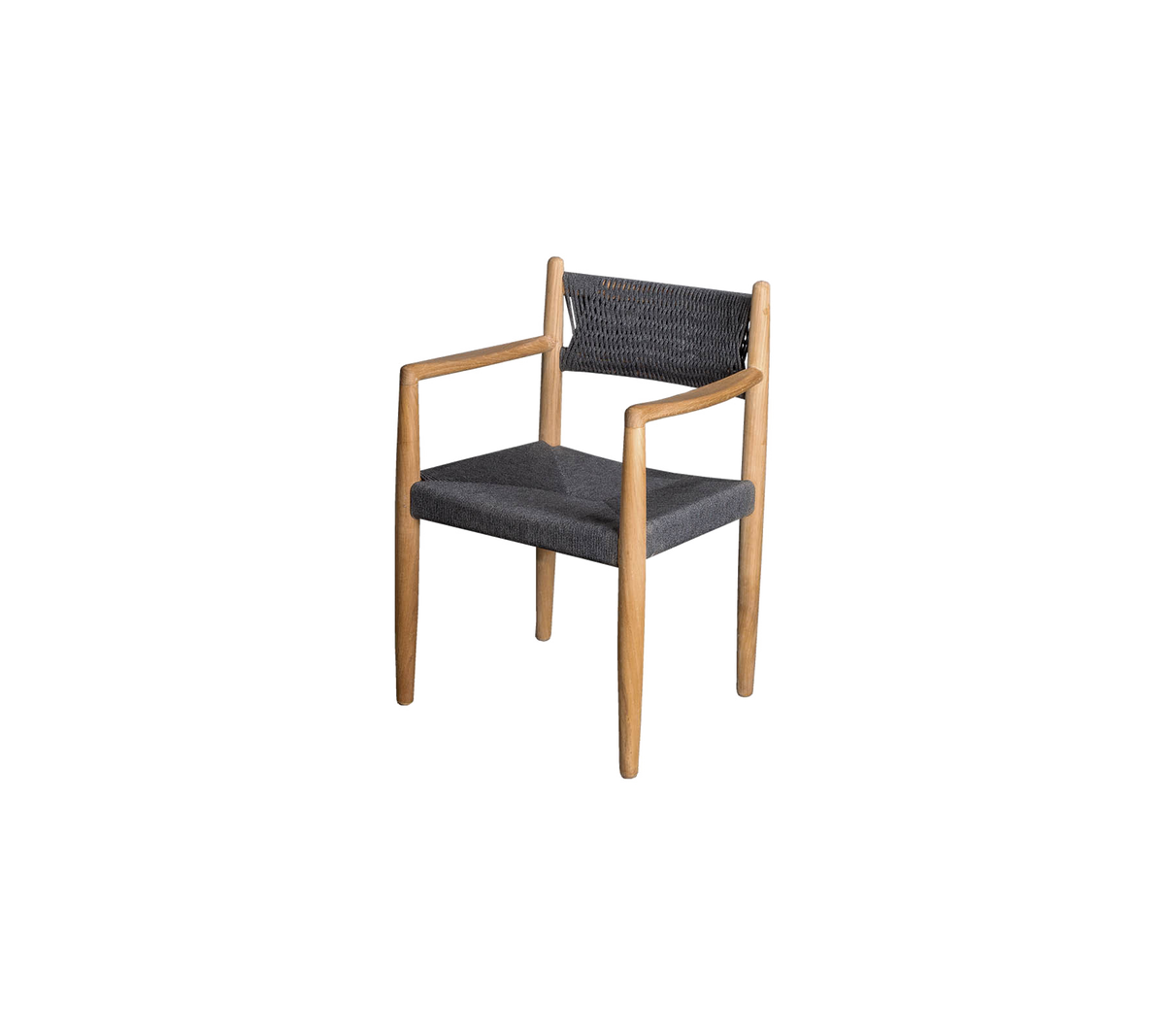 Elegant stol med træramme og mørkt stofbetræk, med armlæn og et moderne design.