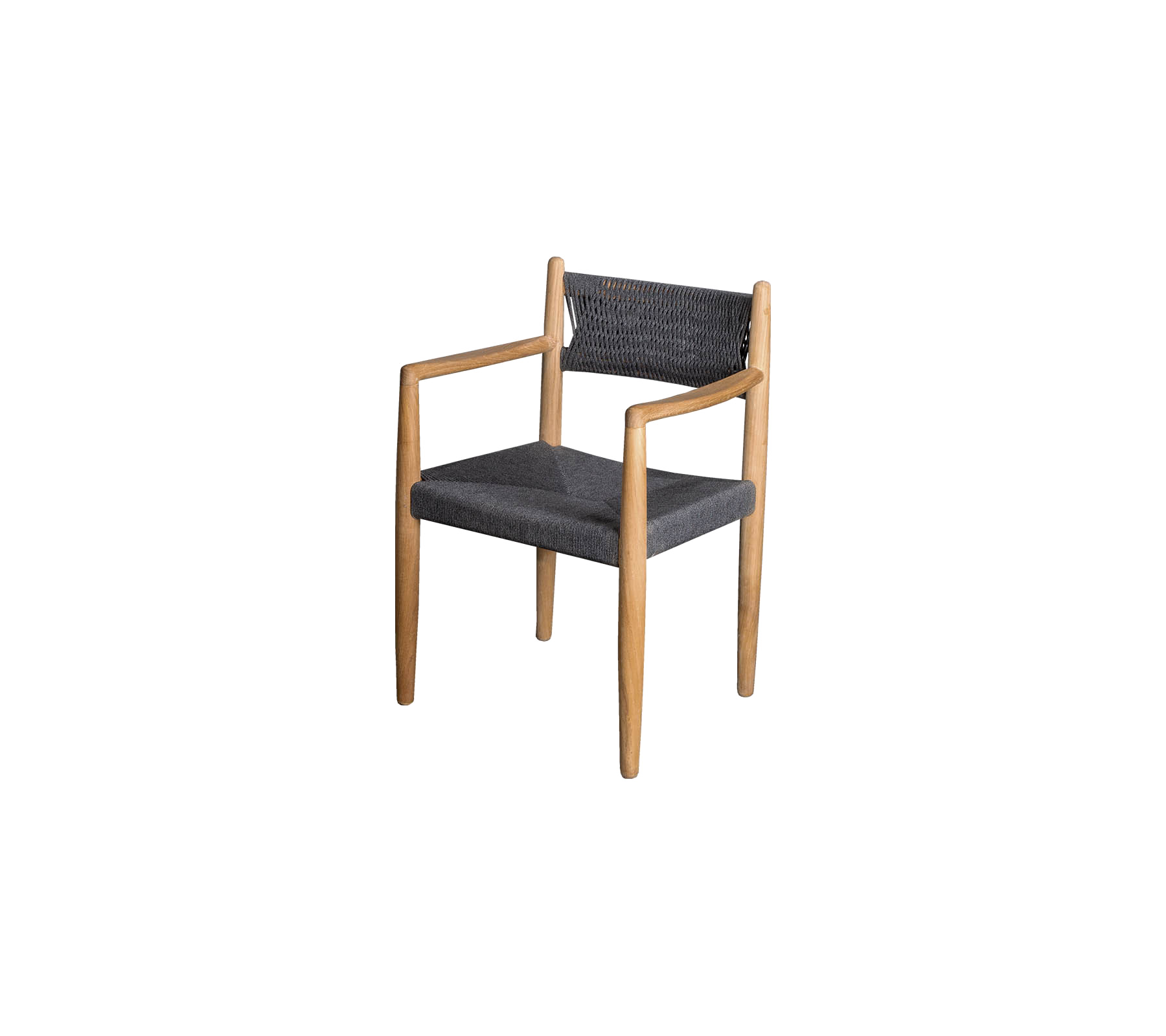 Elegant stol med træramme og mørkt stofbetræk, med armlæn og et moderne design.