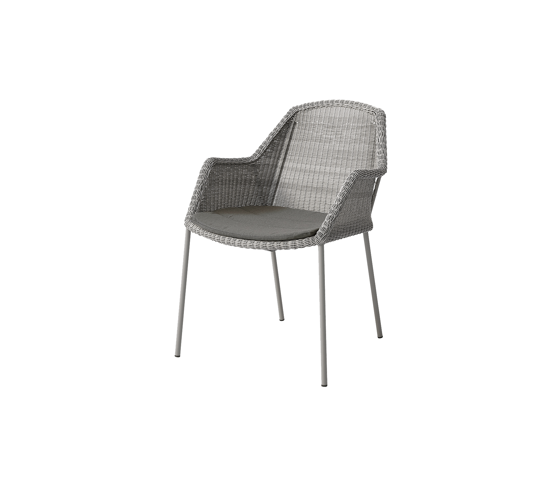 En moderne stol med et vævet design og en polstret sæde, understøttet af slanke metalben i en neutral grå tone.