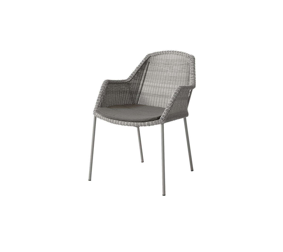 En moderne stol med et vævet design og en polstret sæde, understøttet af slanke metalben i en neutral grå tone.