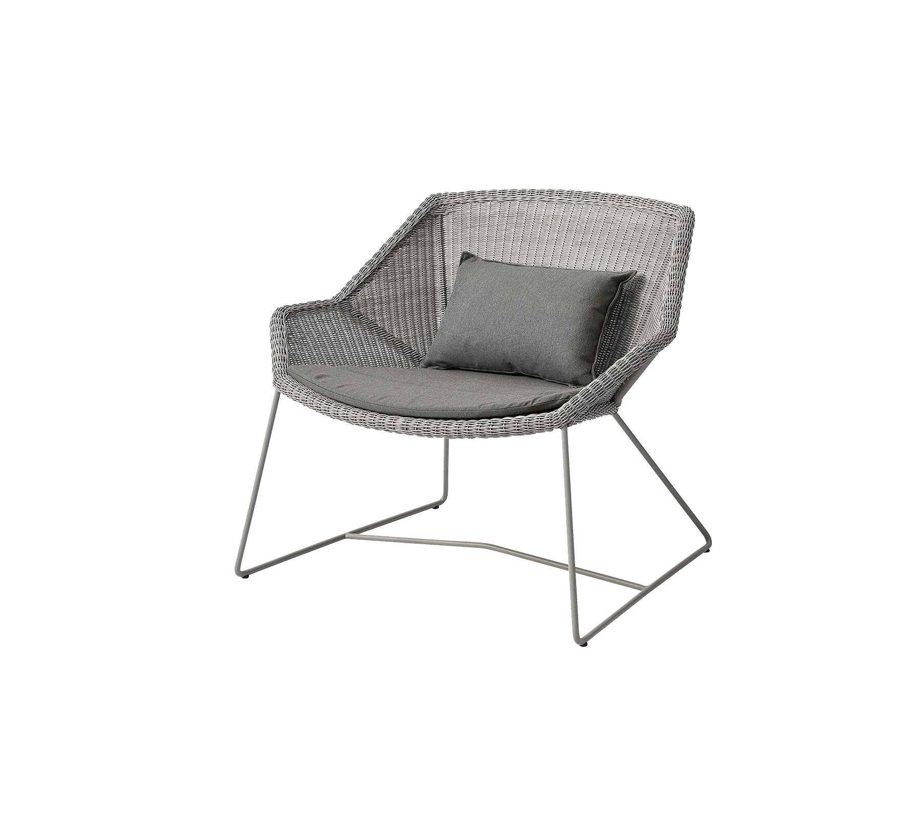Stilfuld stol med et gråt vævet design og en komfortabel grå pude, med slanke metalben for moderne appel.