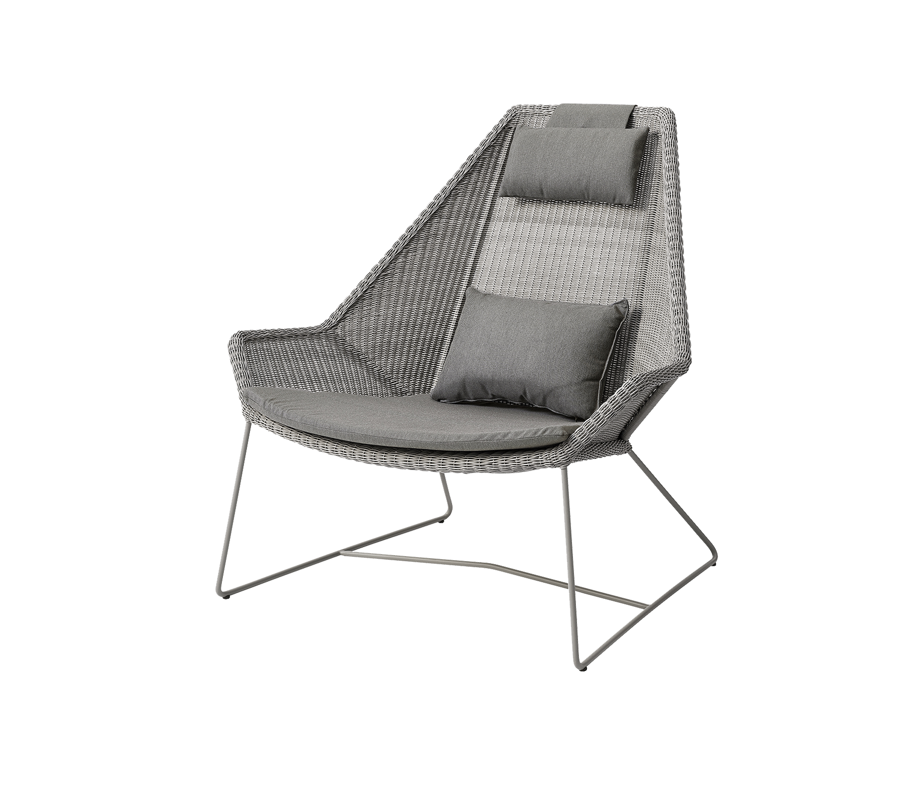 Stilfuld stol med et slankt vævet design og komfortable grå puder, perfekt til moderne rum.