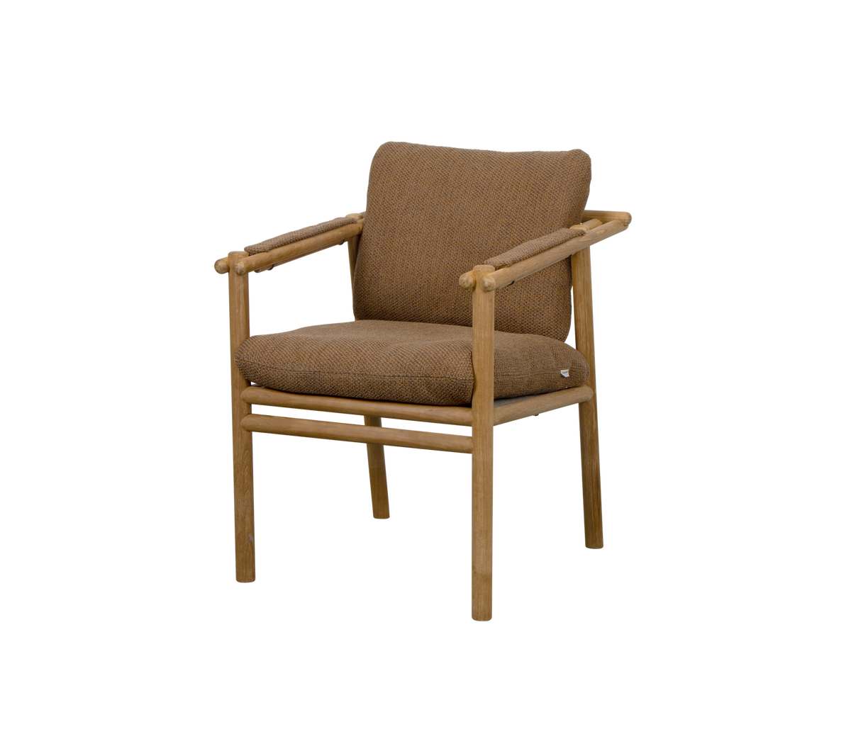 Brun polstret stol med træarmlæn og minimalistisk design, velegnet til forskellige indstillinger.