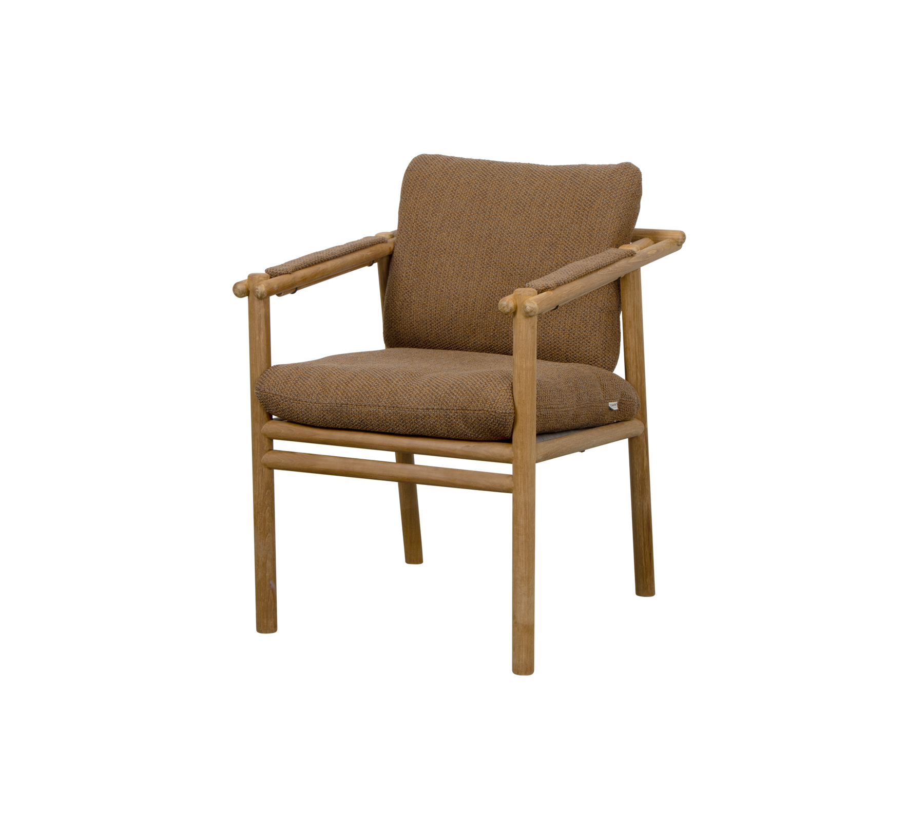 Brun polstret stol med træarmlæn og minimalistisk design, velegnet til forskellige indstillinger.