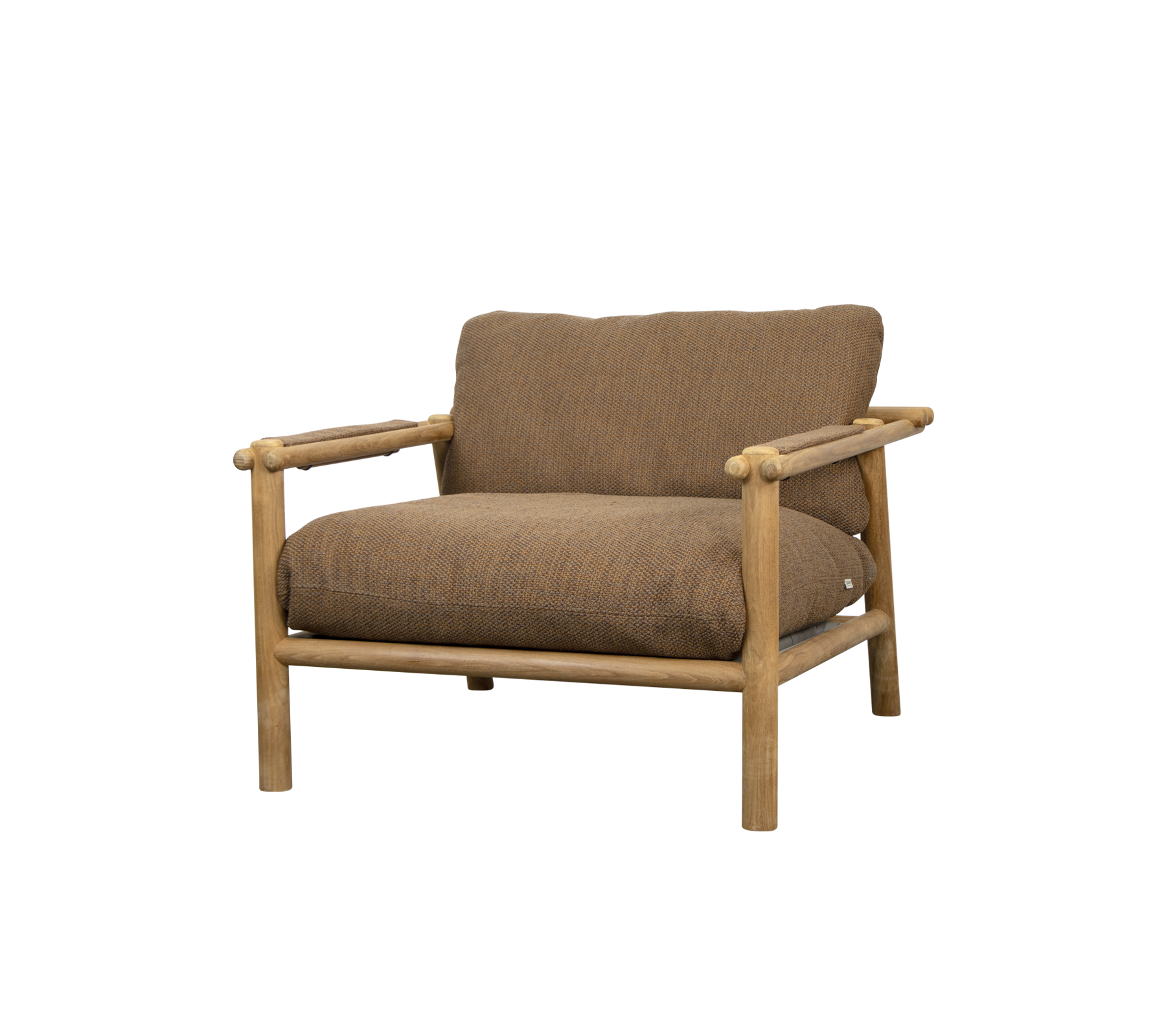 En komfortabel stol med en træramme og bløde brune puder, designet til afslapning og stil.