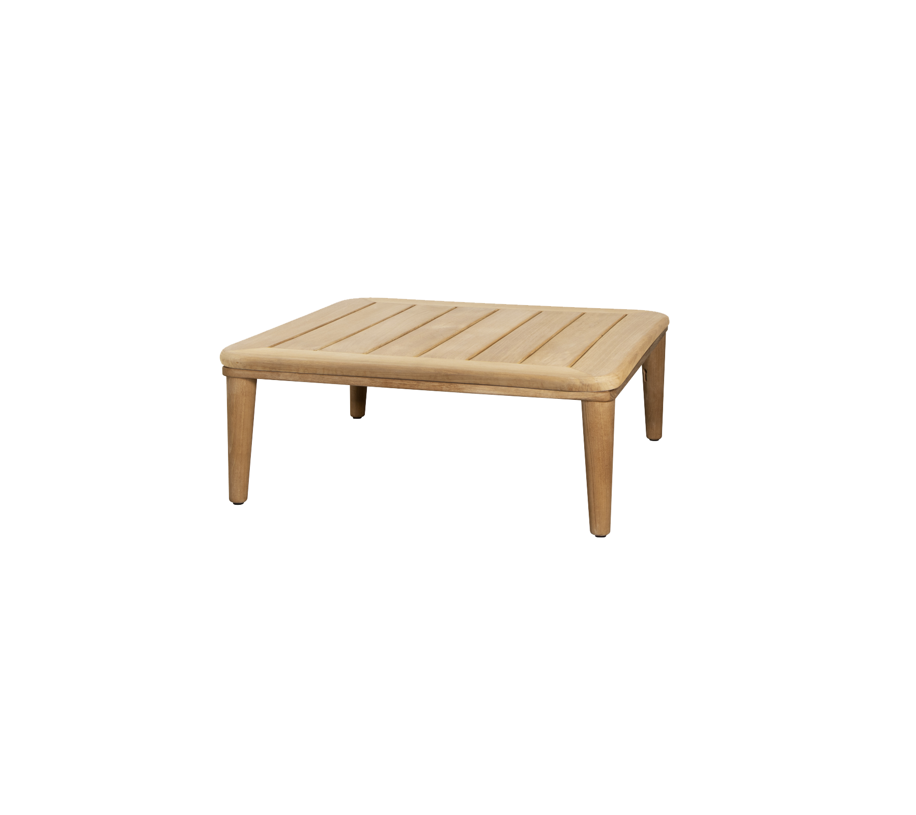Firkantet træbord med en ribbet top og fire robuste ben, designet til alsidig brug i forskellige omgivelser.