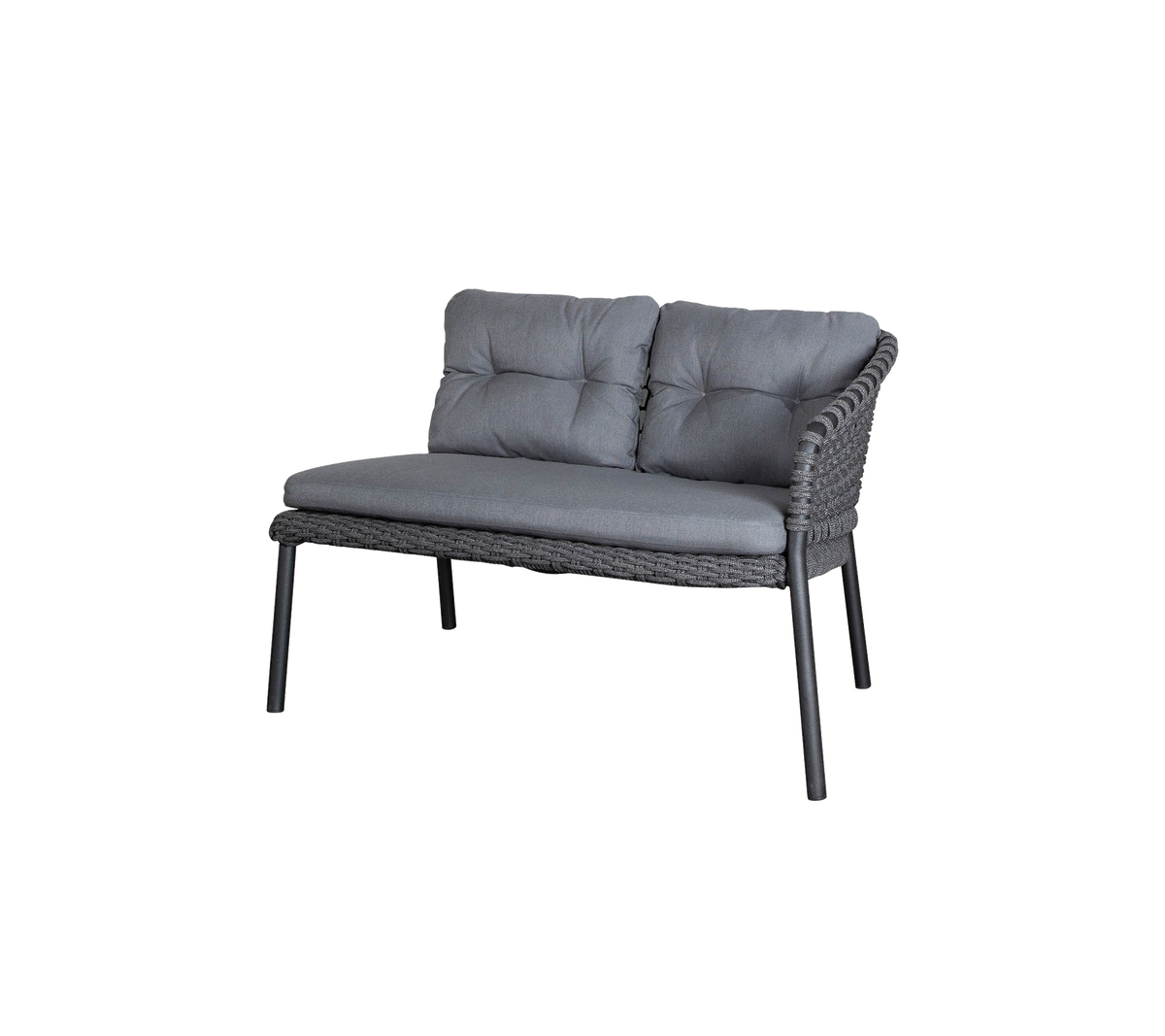 Stilfuld to-personers sofa med grå puder og et vævet design, perfekt til afslapning og komfort.