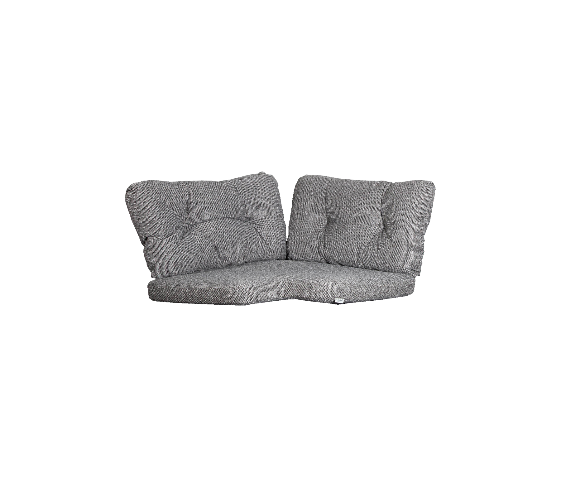 Grå to-personers lounge med bløde puder, der har et moderne design og en buet form for komfort og stil.