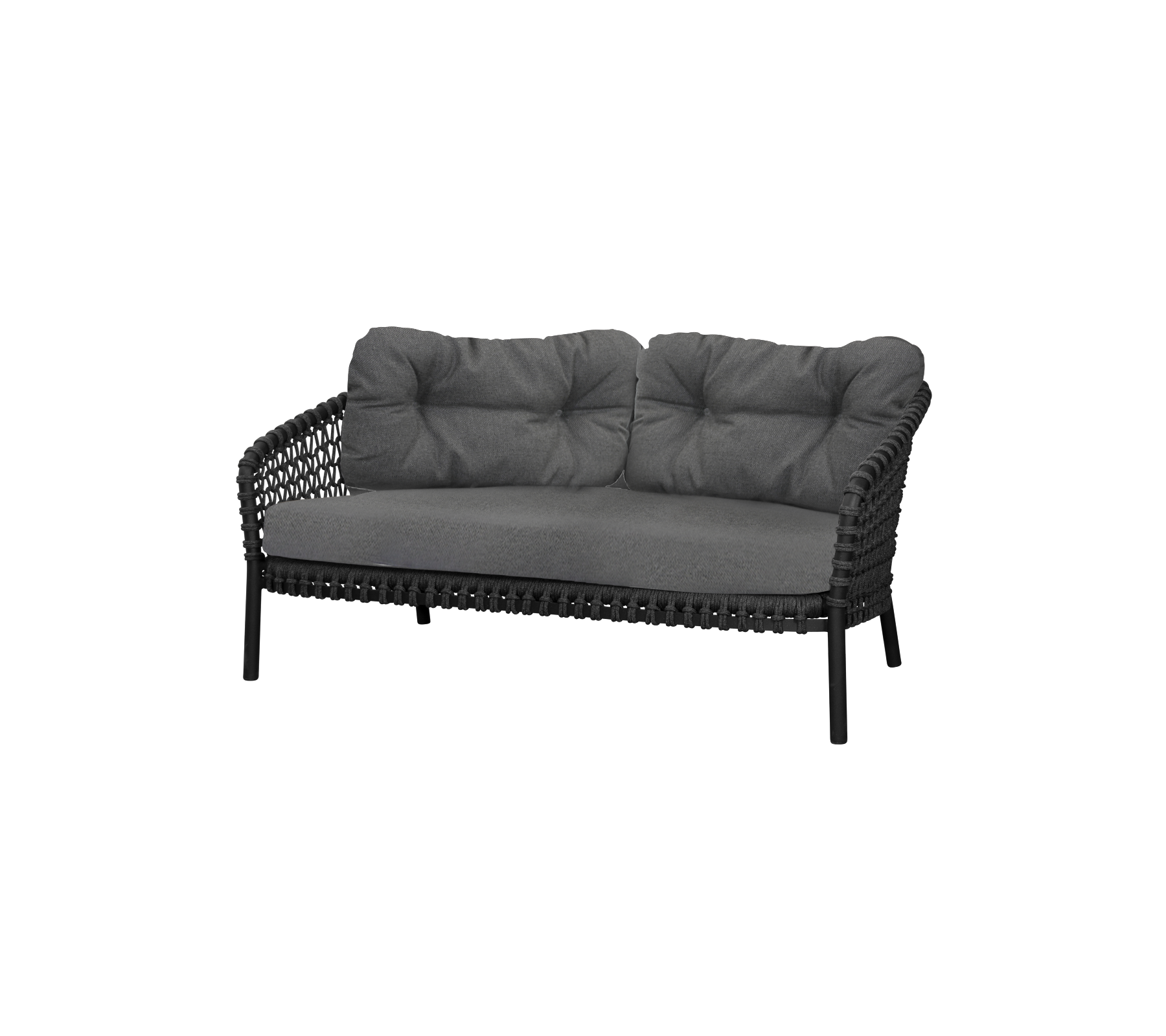 Stilrent to-personers sofa med en slank sort ramme og bløde grå puder for komfort og elegance. Perfekt til moderne siddearrangementer.