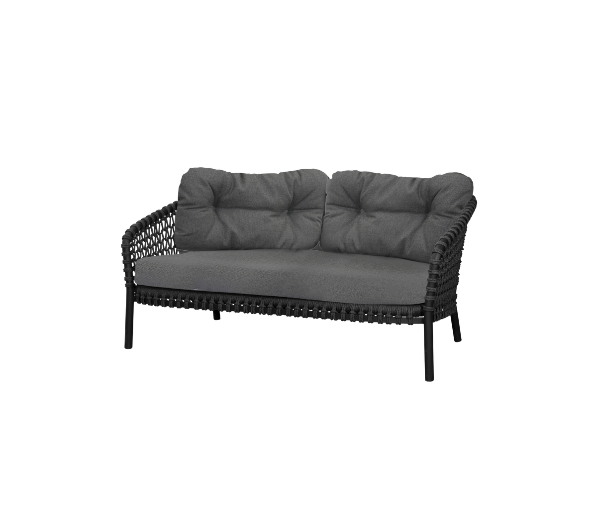 Stilrent to-personers sofa med en slank sort ramme og bløde grå puder for komfort og elegance. Perfekt til moderne siddearrangementer.