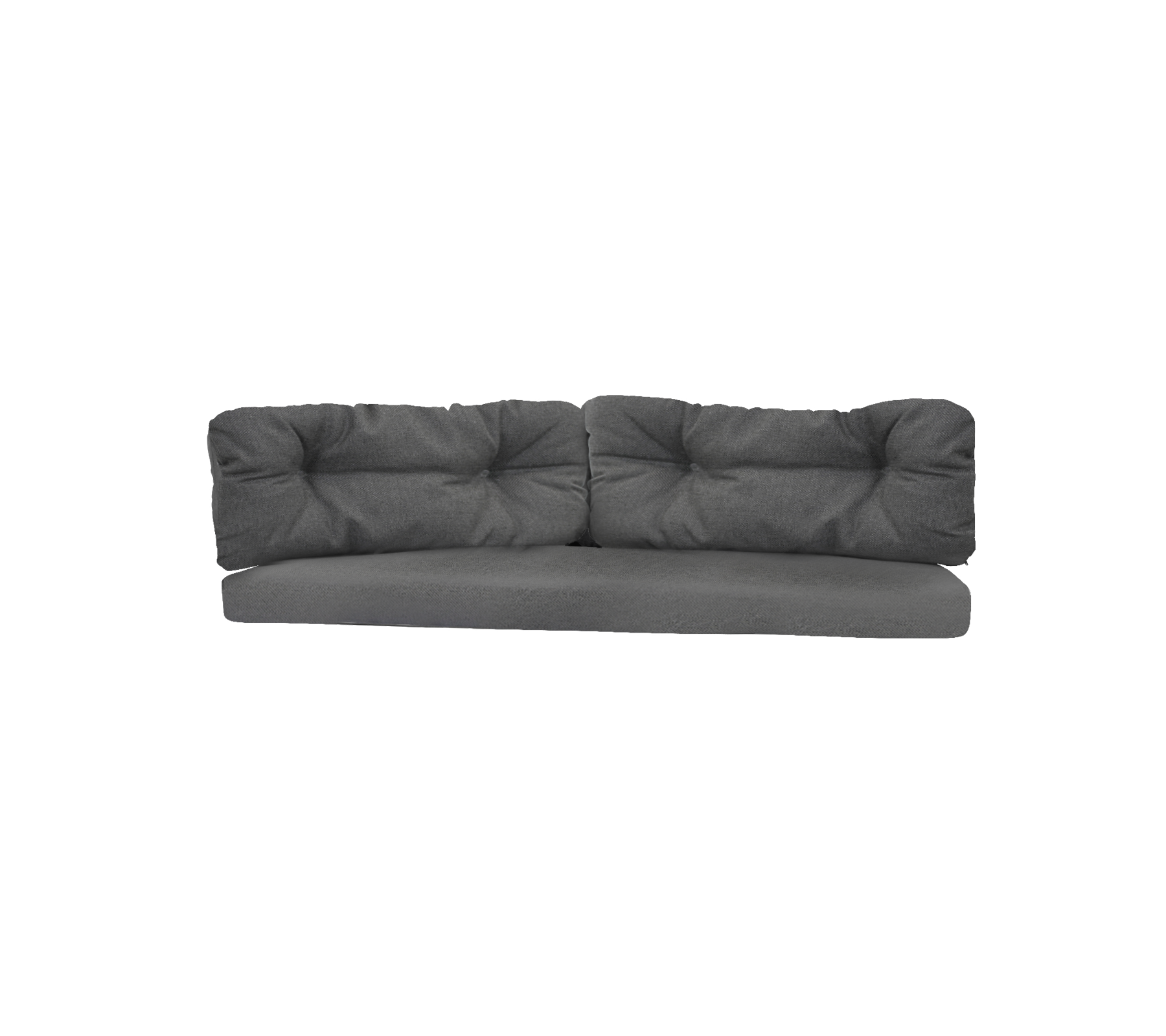Mørkegrå sofa med knoppede puder, som har et moderne design og rummelig siddeplads til komfortabel afslapning.