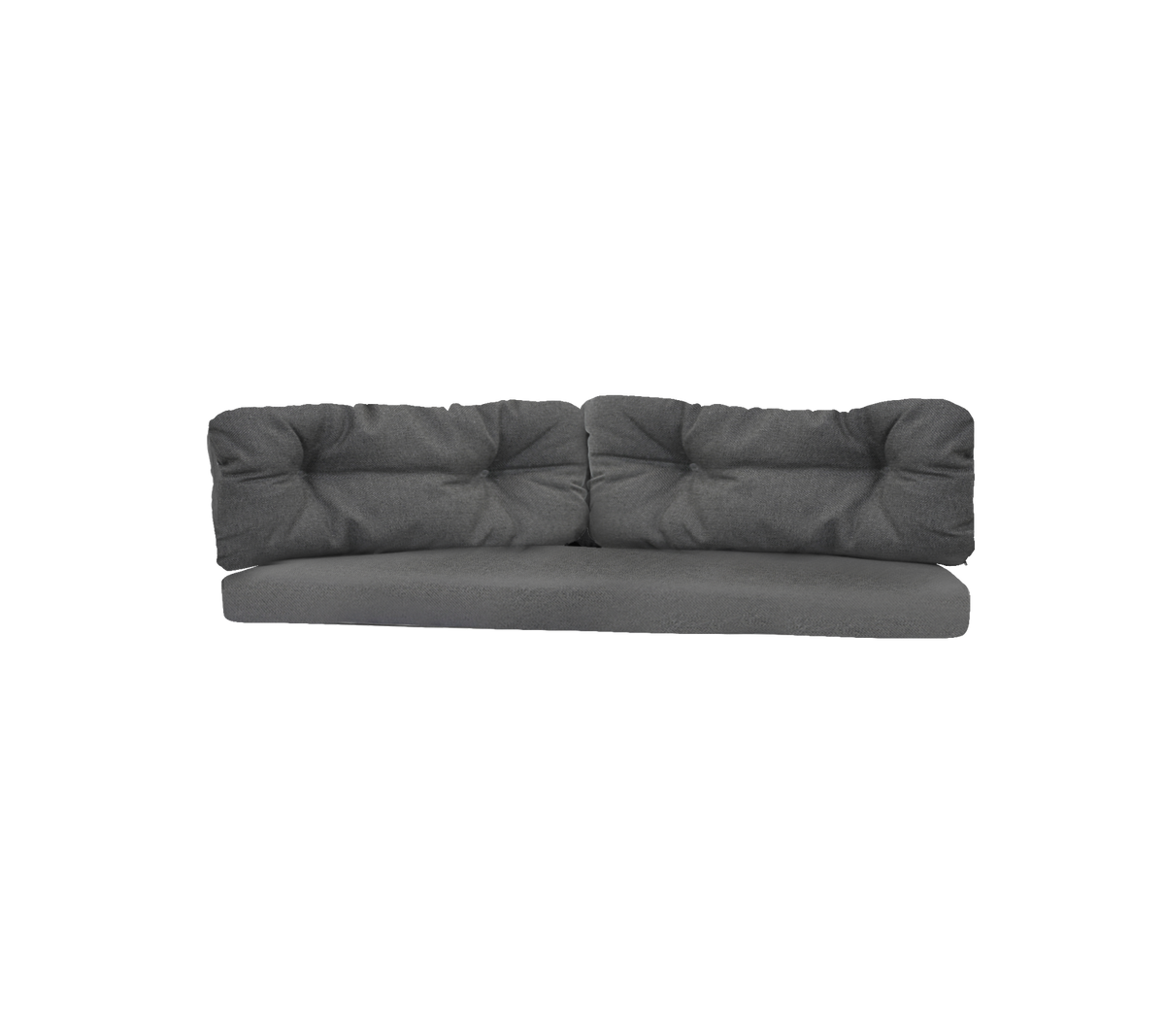 Mørkegrå sofa med knoppede puder, som har et moderne design og rummelig siddeplads til komfortabel afslapning.