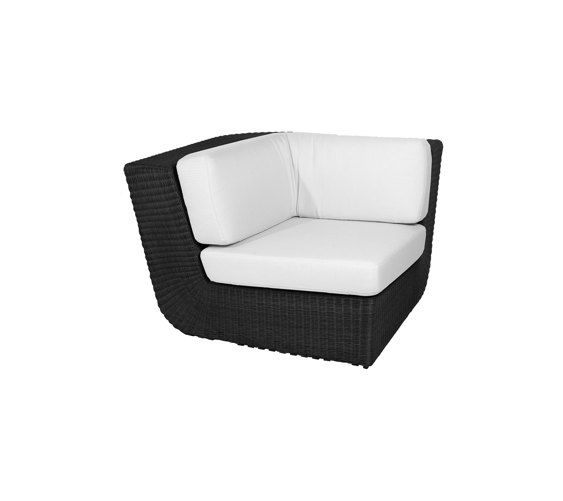 Stilfuld hjørnestol med et slankt sort vævet design og komfortable hvide puder, perfekt til moderne siddearrangementer.