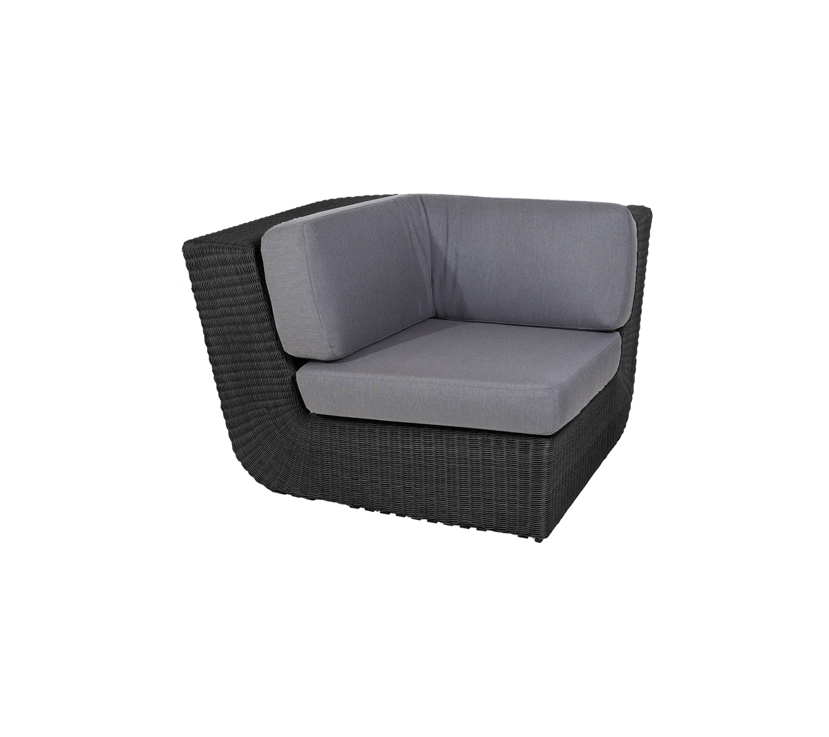 Stilfuld hjørnesæde med en slank sort rattanramme og komfortable grå puder, perfekt til moderne indretning.