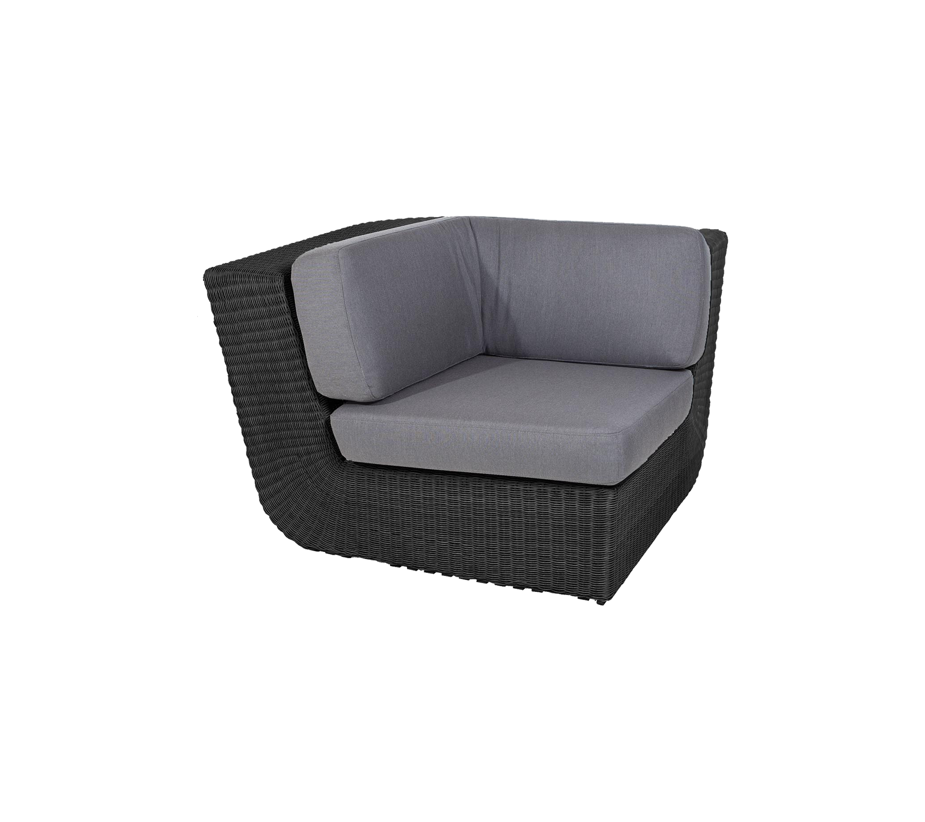 Stilfuld hjørnesæde med en slank sort rattanramme og komfortable grå puder, perfekt til moderne indretning.