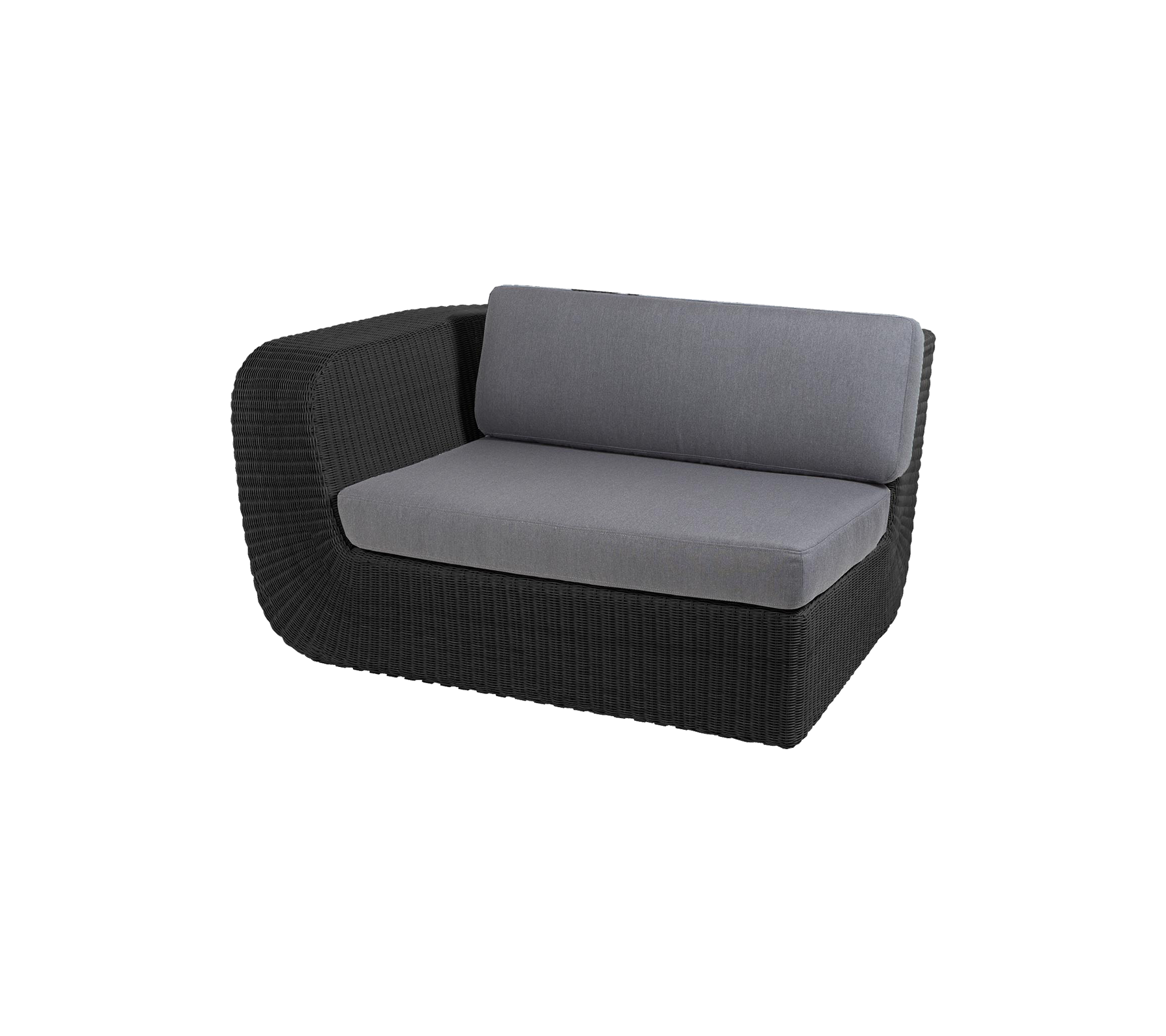 Moderne two-seater sofa med en slank sort rattanramme og bløde grå puder for komfort og stil. Ideel til afslapning.