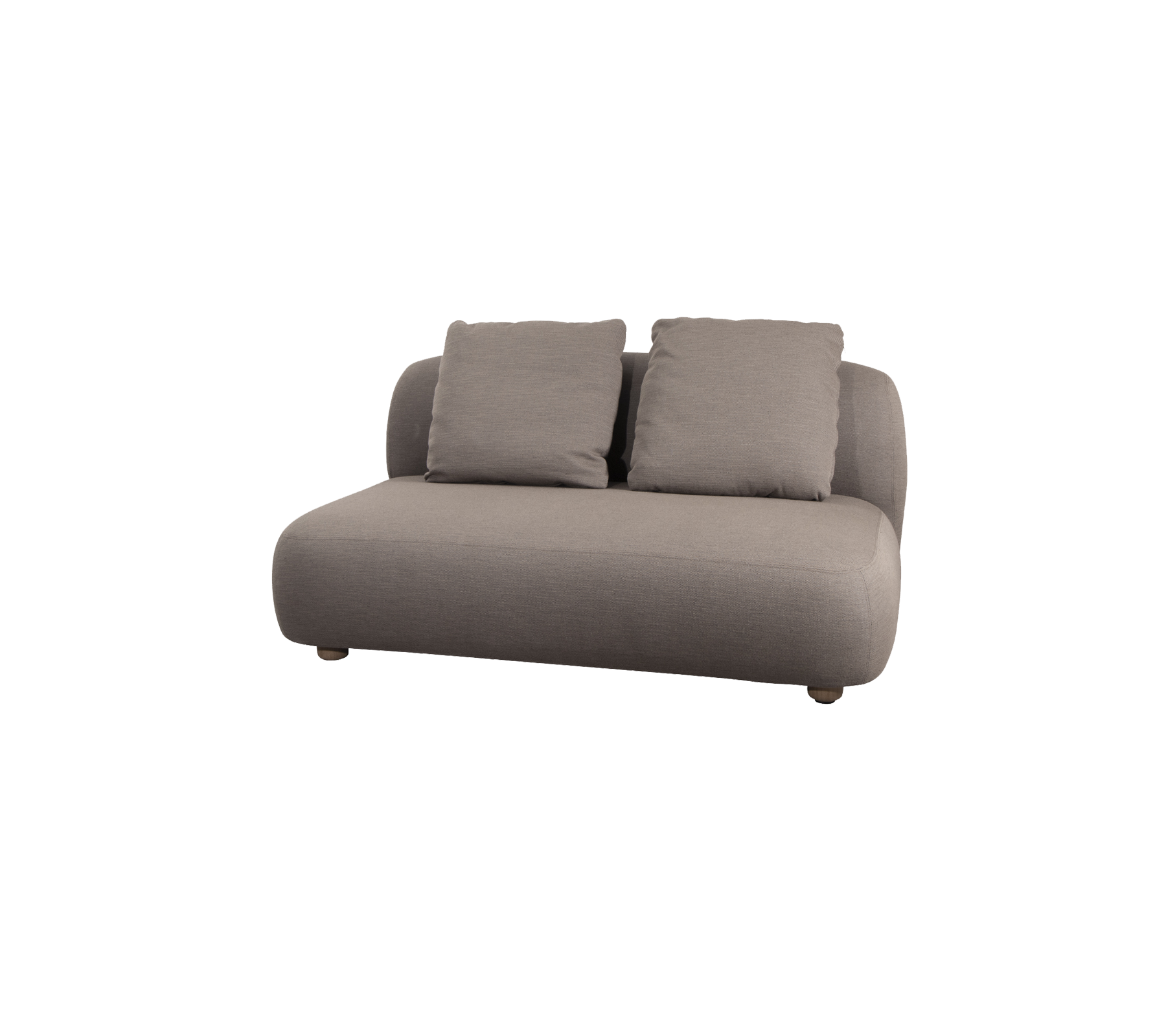 Komfortabel, moderne sofa i et blødt gråt stof med to hyggelige puder, der har afrundede kanter for et nutidigt udseende.