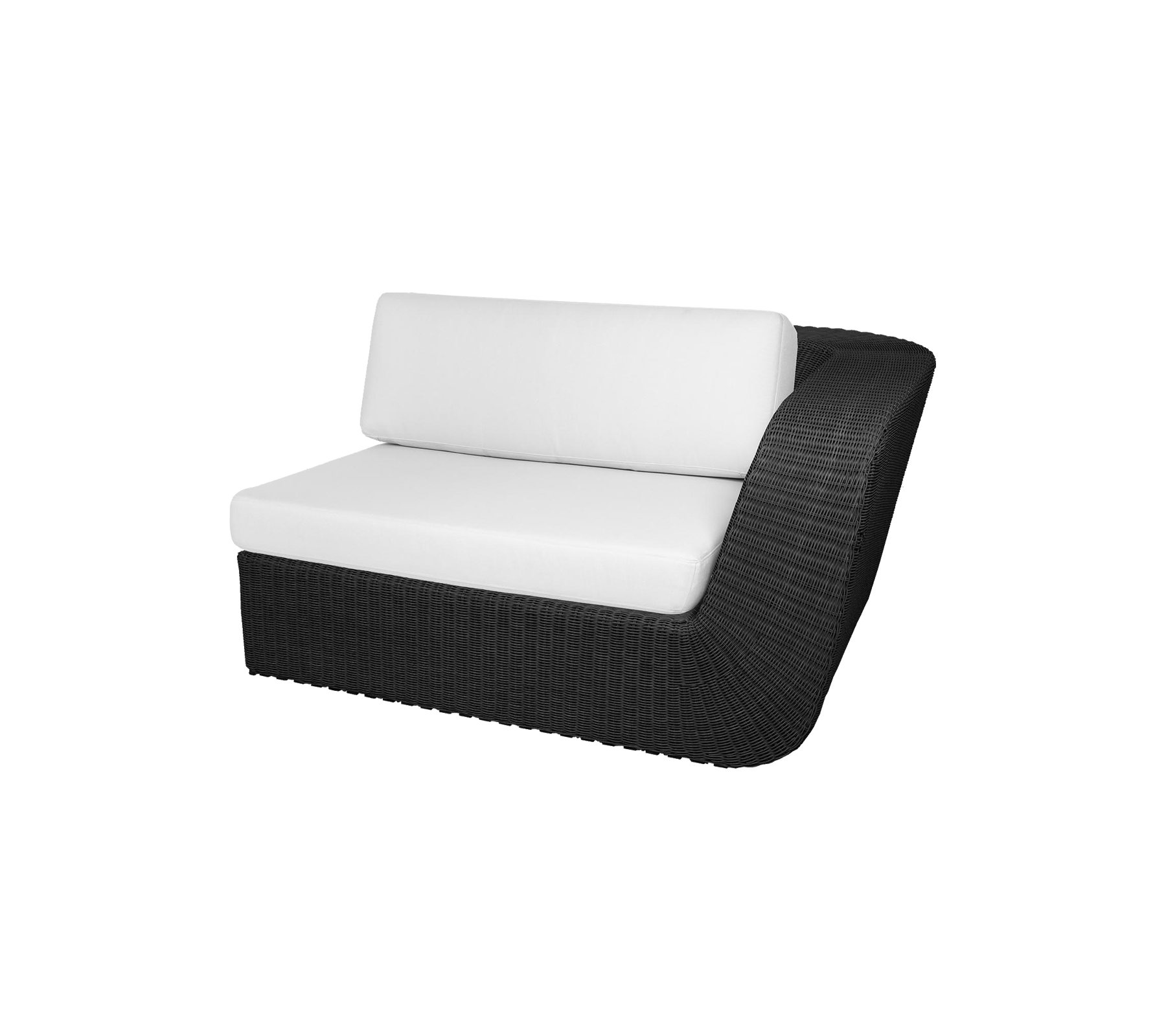Moderne siddepladser med en slank sort ramme og bløde hvide puder, designet til komfort og stil.
