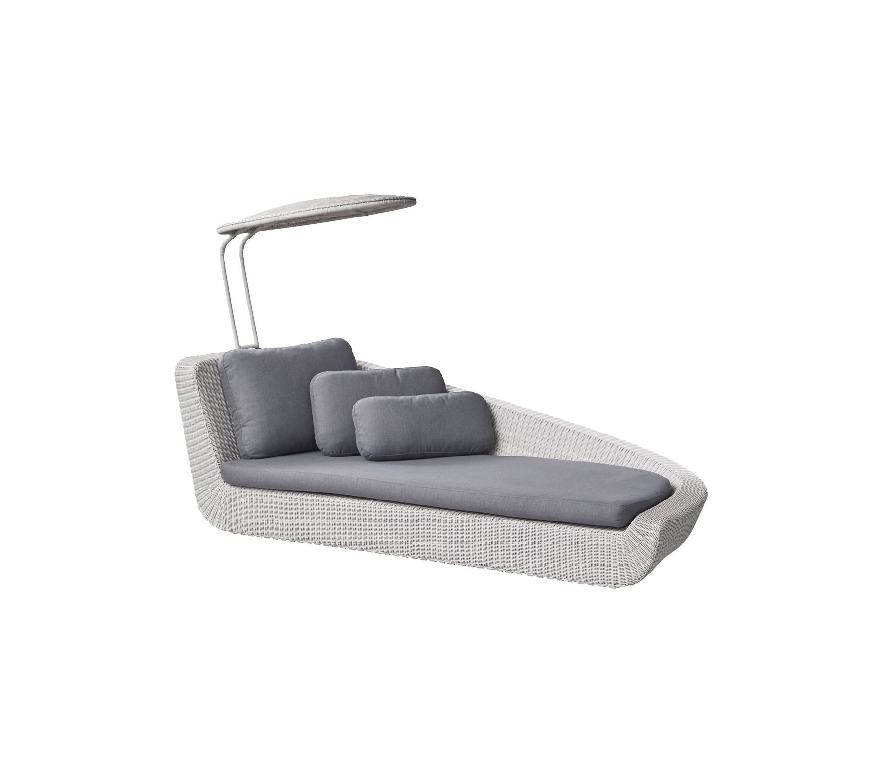 Stilfuld lounge stol med et slankt design, der har grå puder og et beskyttende overdækning for ekstra komfort. Perfekt til afslapning.
