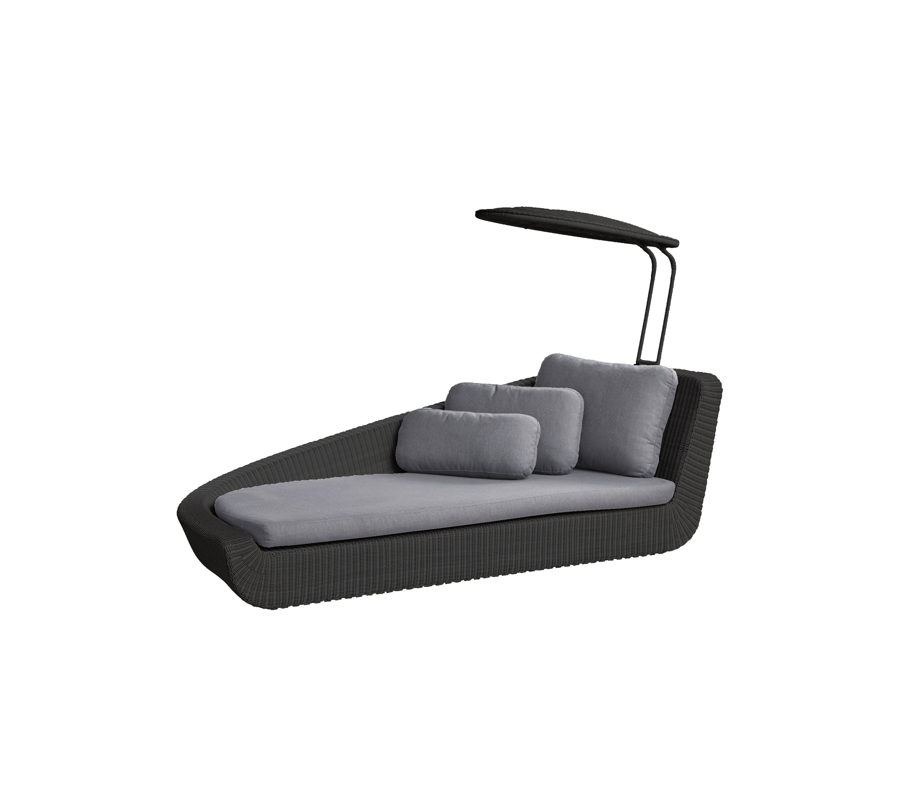 Stilfuld loungestol med moderne design, der har en baldakin og bløde grå puder for komfort og afslapning.