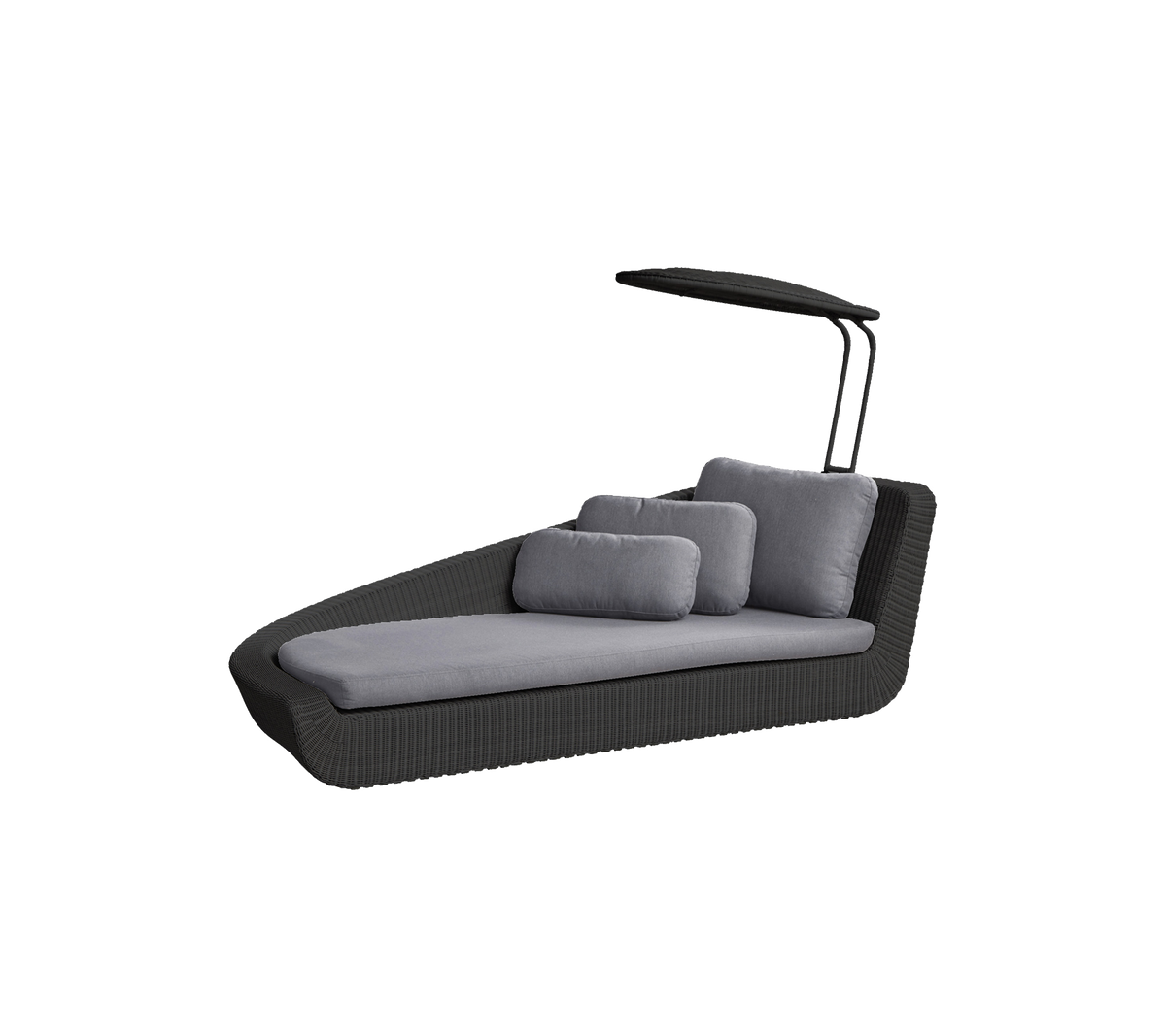 Stilfuld loungestol med moderne design, der har en baldakin og bløde grå puder for komfort og afslapning.