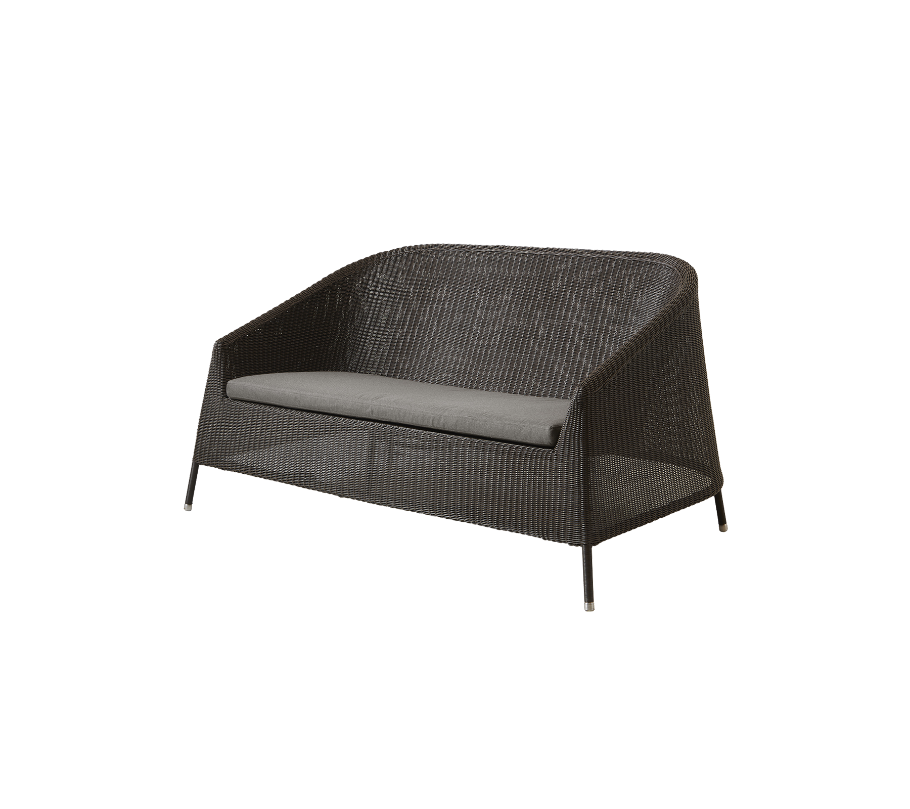 Stilfuld to-personers sofa med et holdbart vævet design og en grå pude, perfekt til udendørs afslapning og komfort.