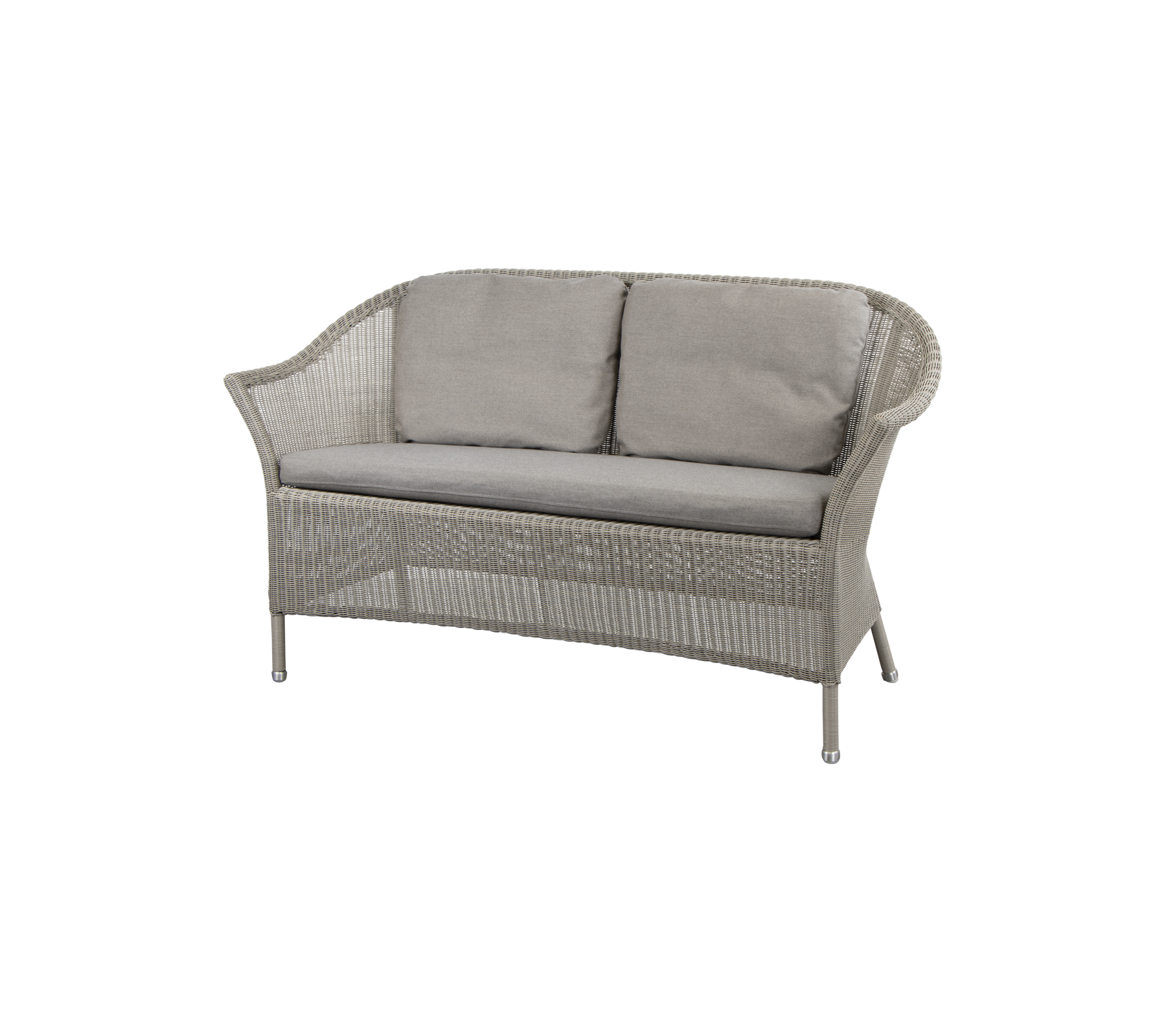 Hyggelig to-sæders sofa med lysegrå puder og vævet design, perfekt til afslapning og stilfuld siddeplads.