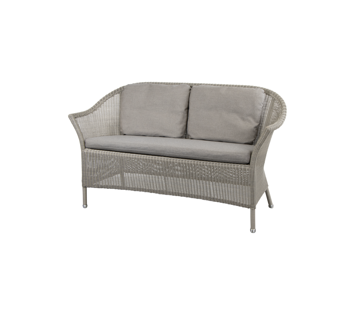 Hyggelig to-sæders sofa med lysegrå puder og vævet design, perfekt til afslapning og stilfuld siddeplads.