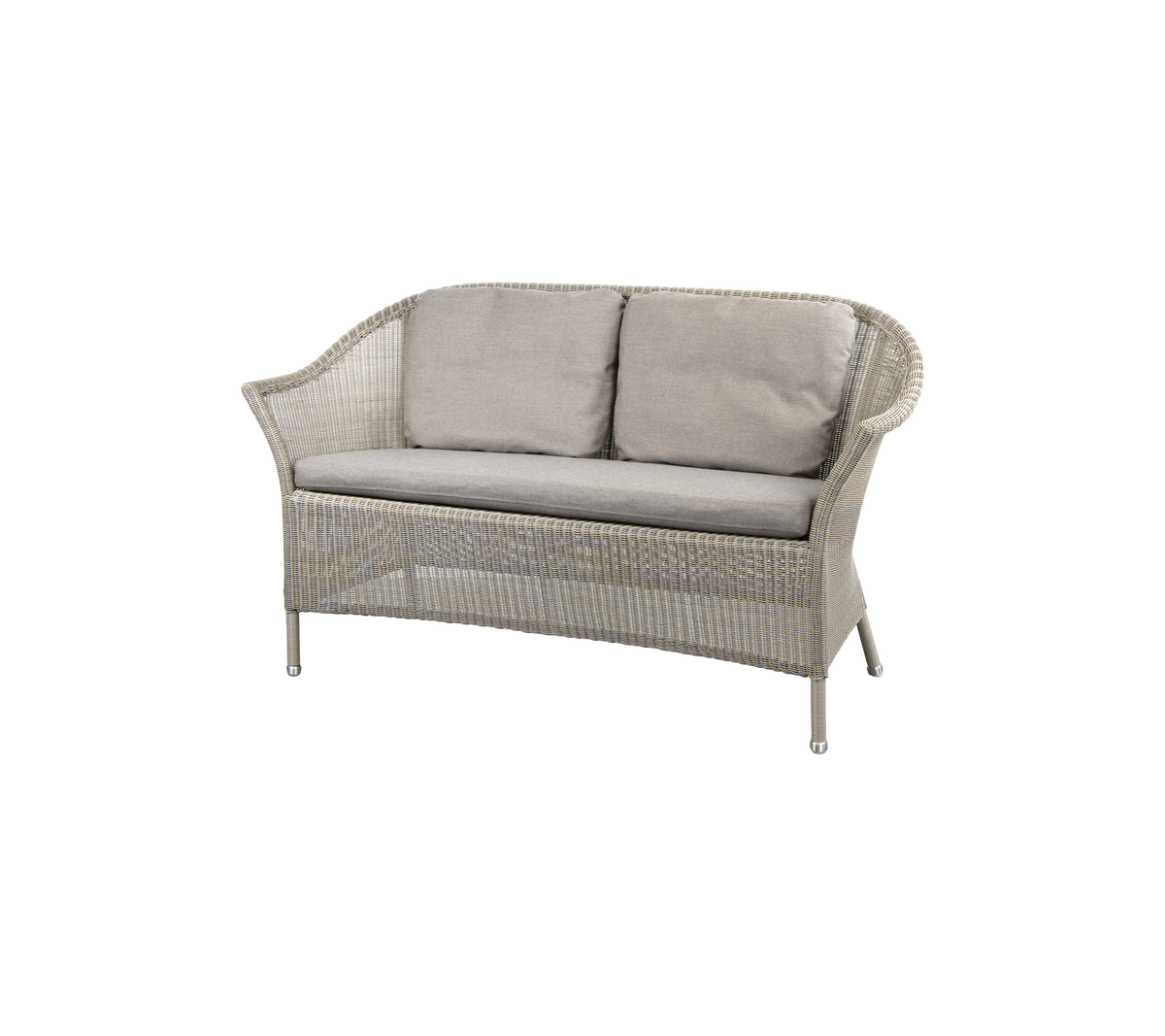 En stilfuld to-personers sofa med en vævet ramme og bløde grå puder, perfekt til hyggelige siddepladser.
