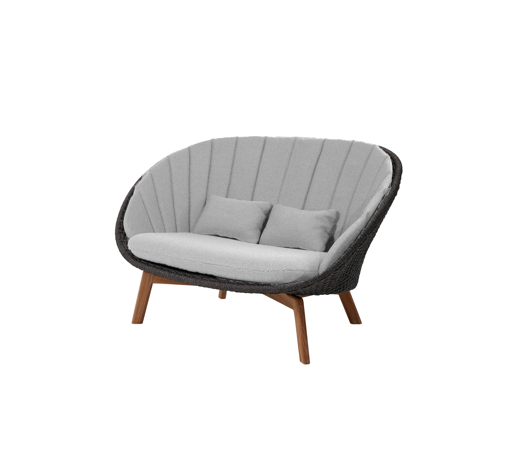 Stilfuld to-personers sofa med et bølget design, der har grå polstring og træben, perfekt til at tilføje komfort og moderne flair.
