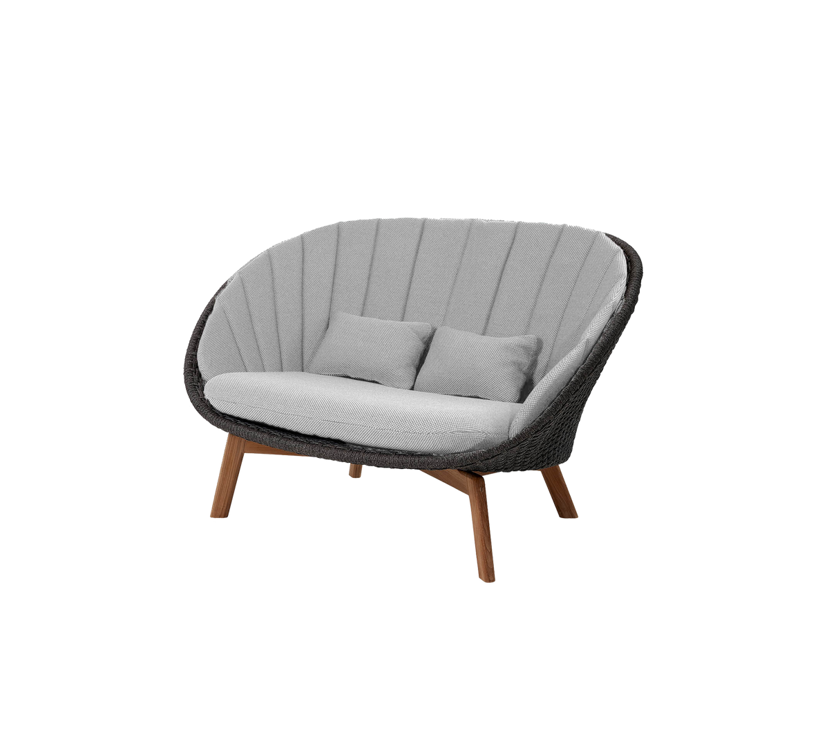 Stilfuld to-personers sofa med et bølget design, der har grå polstring og træben, perfekt til at tilføje komfort og moderne flair.