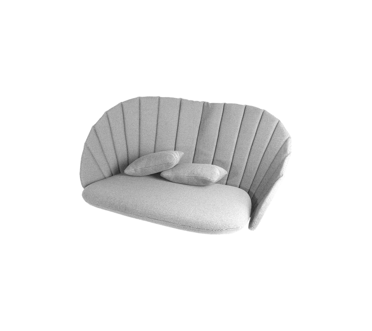 Stilfuld buet sofa med et blødt gråt stof og tre bløde puder, der har et ribbet design for ekstra elegance.