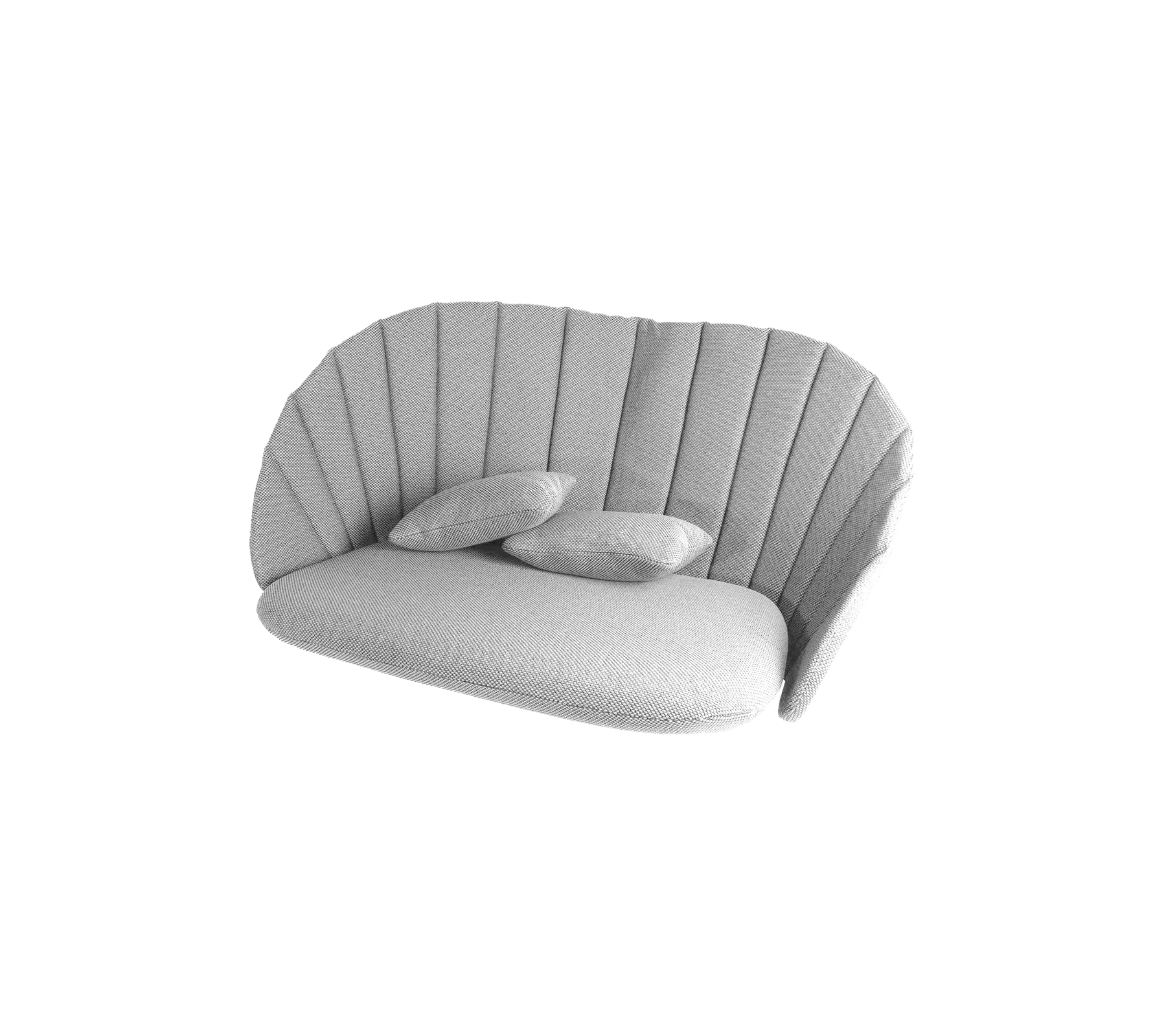 Stilfuld buet sofa med et blødt gråt stof og tre bløde puder, der har et ribbet design for ekstra elegance.