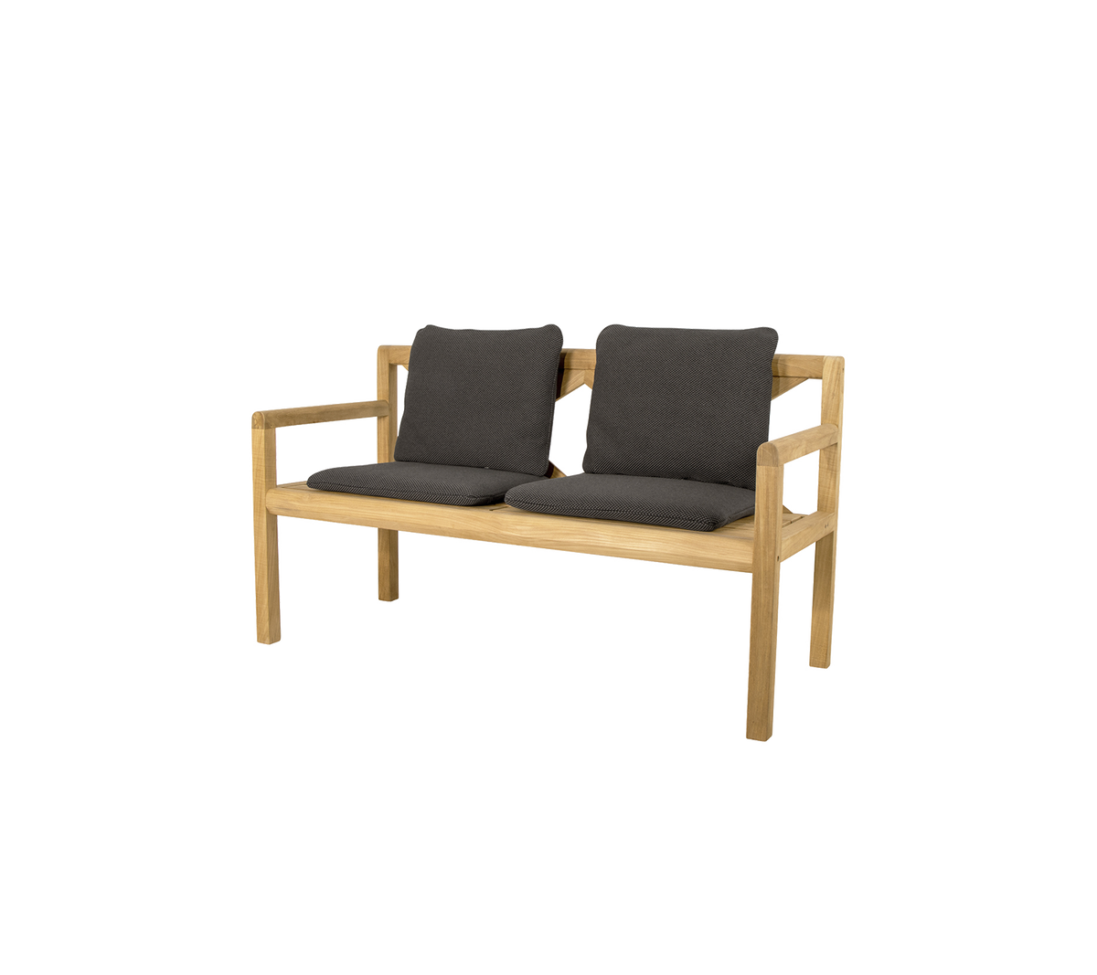 To-personers træbænk med komfortable mørkegrå puder, der har et enkelt og moderne design. Ideel til afslappet siddemøbel.