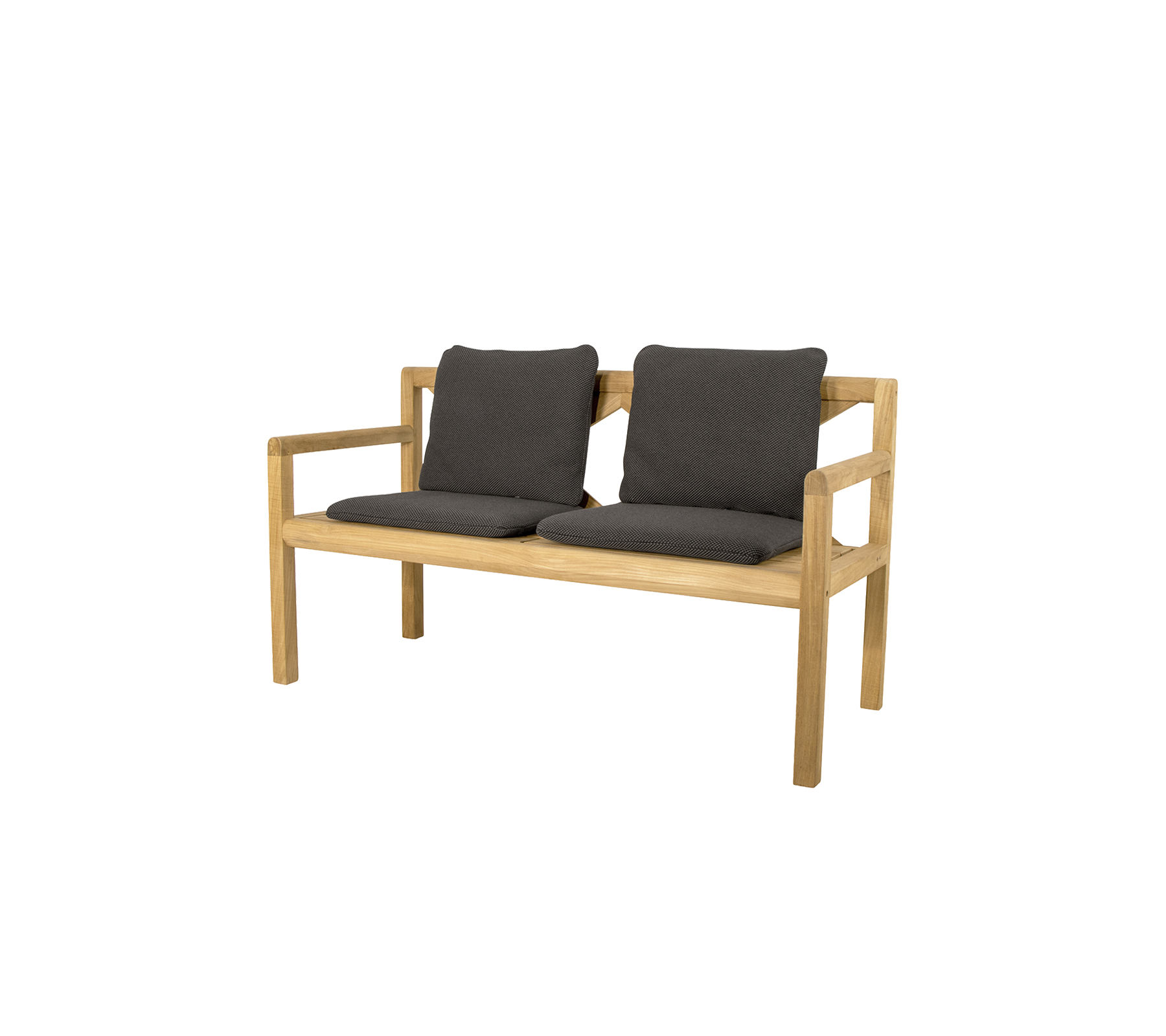 To-personers træbænk med komfortable mørkegrå puder, der har et enkelt og moderne design. Ideel til afslappet siddemøbel.