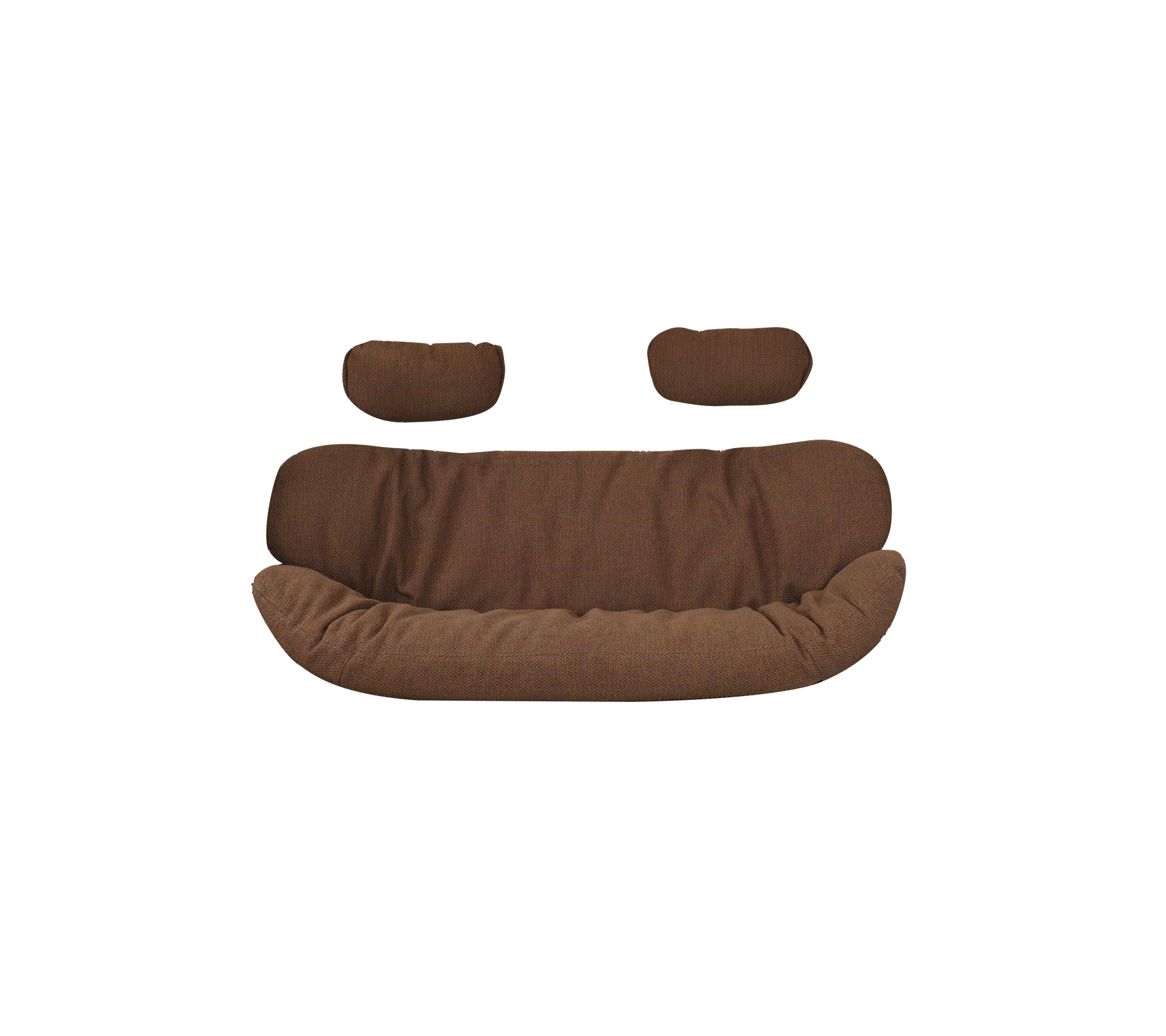 Brun polstret sofa med to matchende puder, der har et buet, indbydende design. Ideel til hyggelig siddeplads.