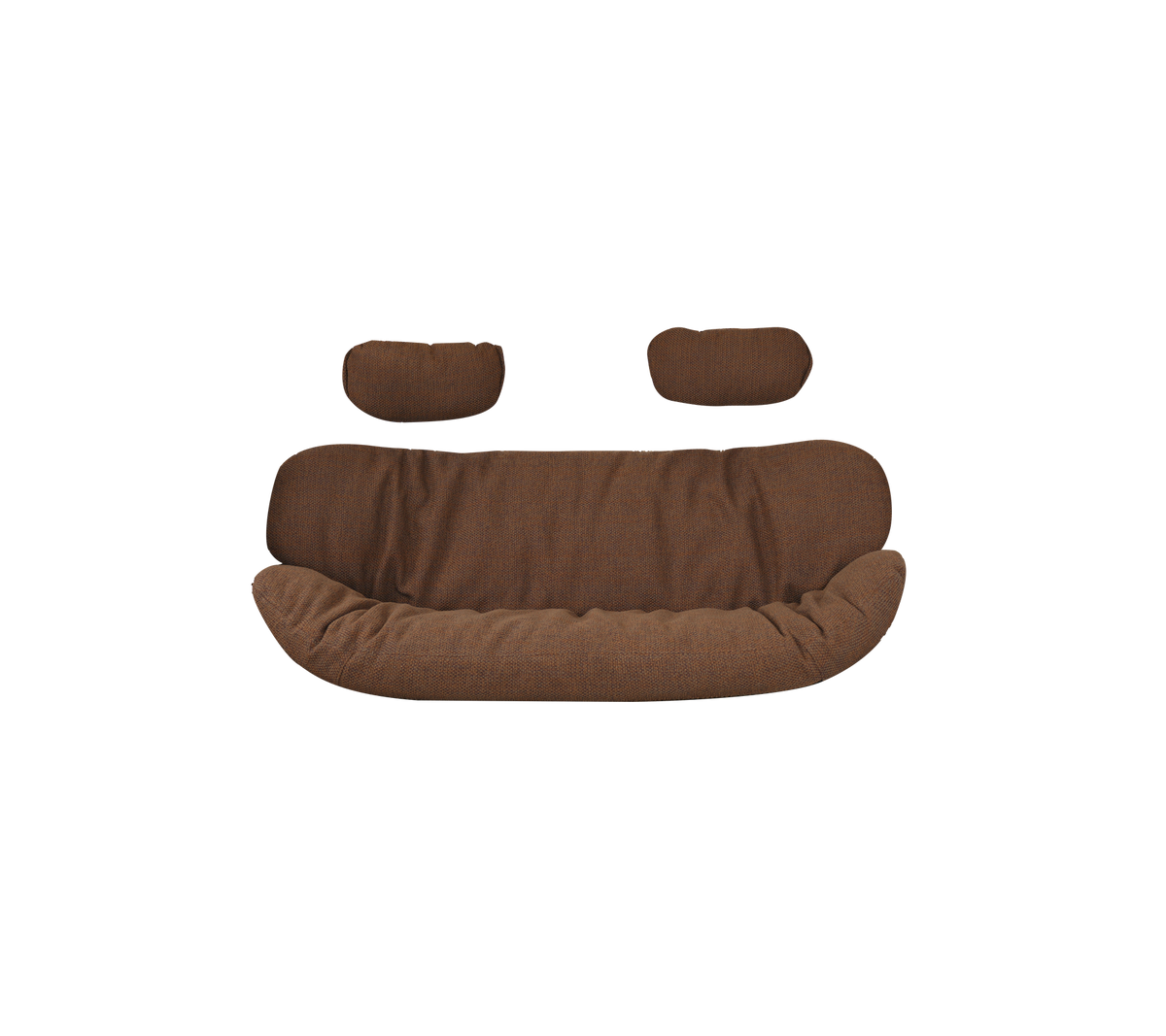 Brun polstret sofa med to matchende puder, der har et buet, indbydende design. Ideel til hyggelig siddeplads.