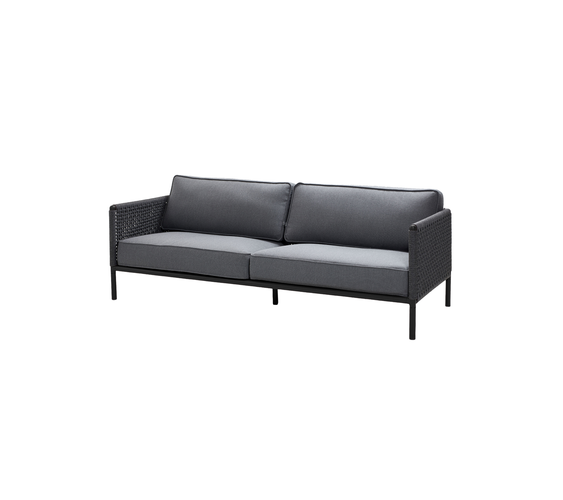 Stilfuld to-sæders sofa med en sort ramme og grå puder, der har et vævet design for ekstra tekstur og komfort.