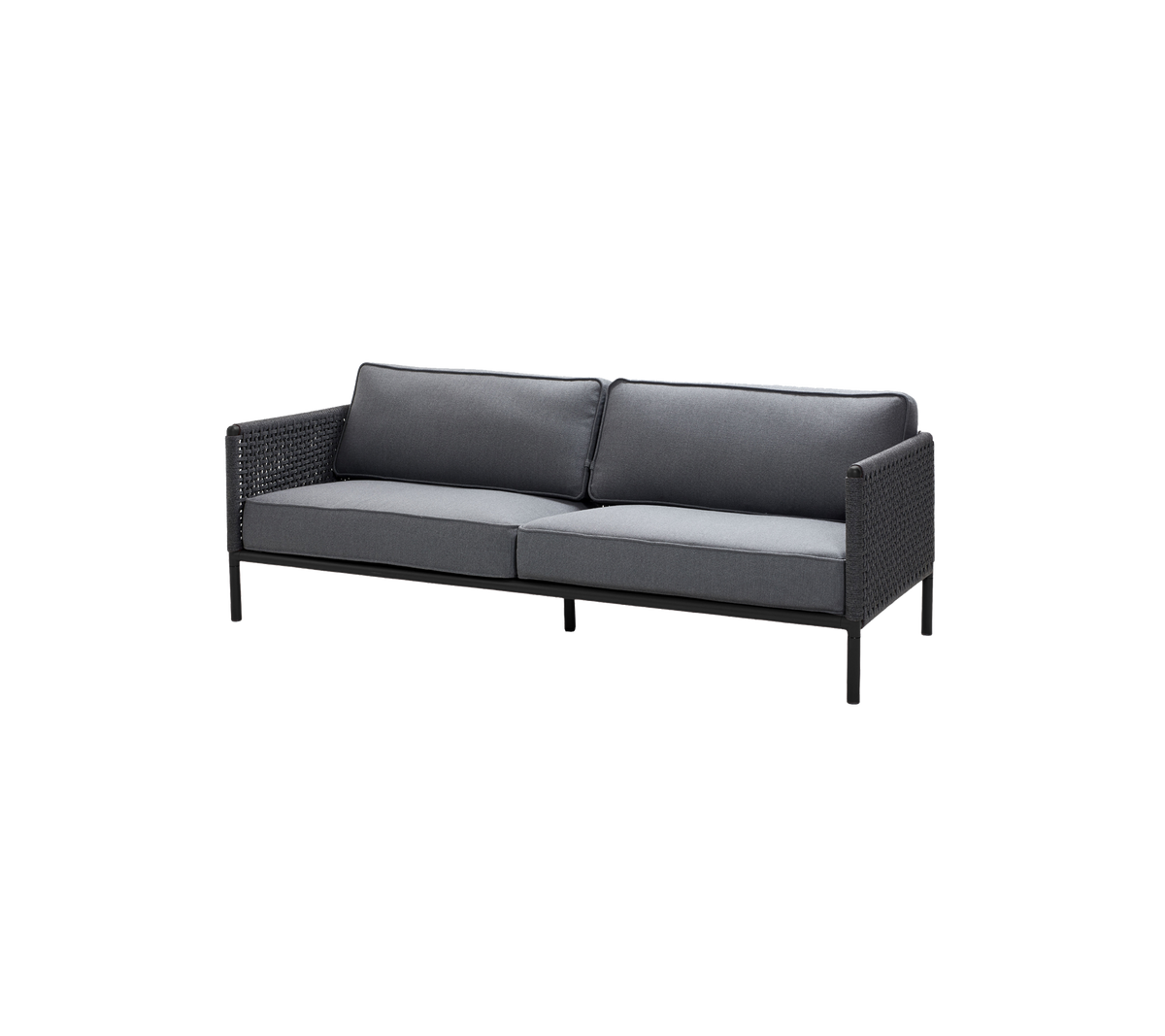 Stilfuld to-sæders sofa med en sort ramme og grå puder, der har et vævet design for ekstra tekstur og komfort.