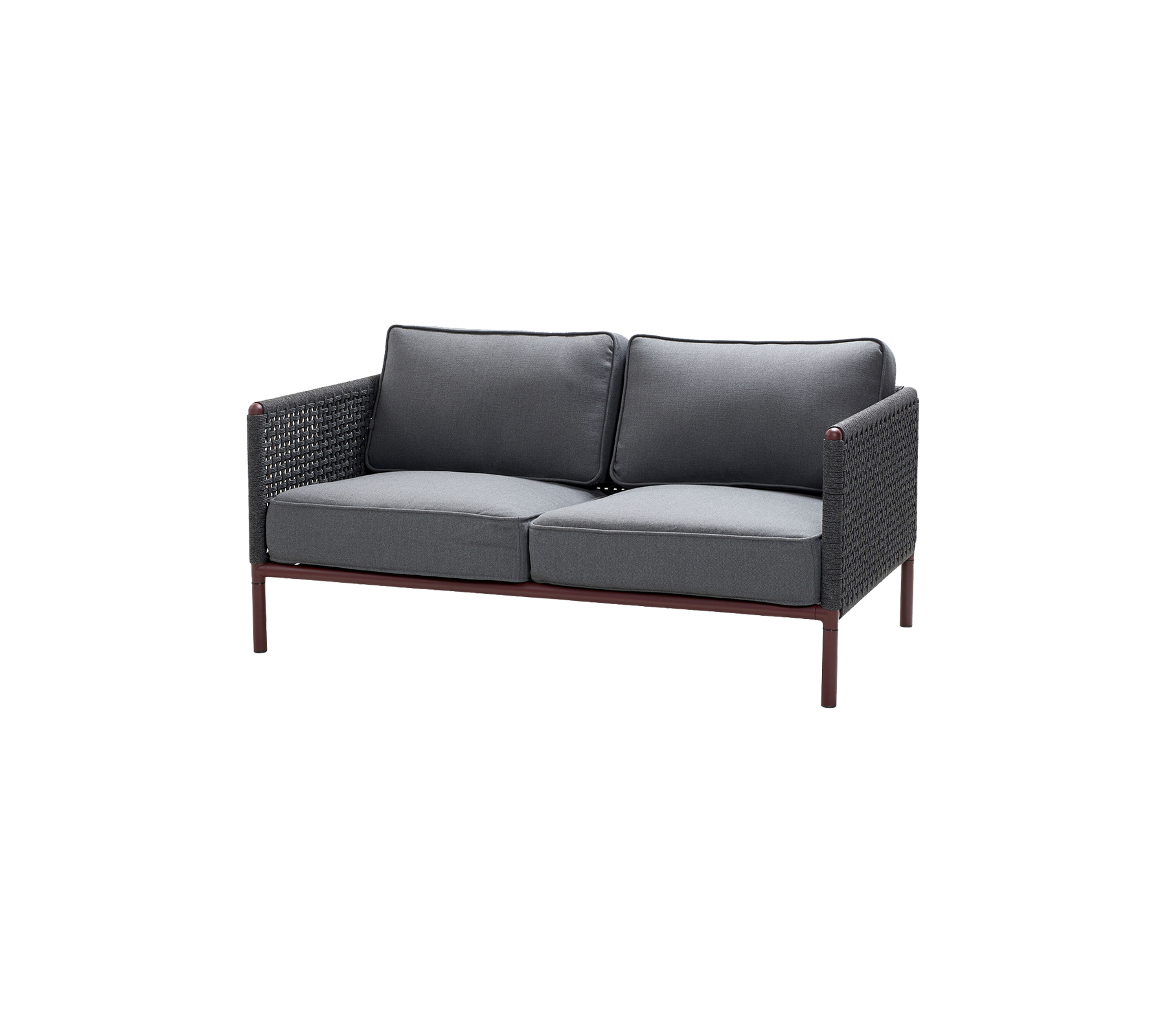 Zweisæde sofa med et vævet design og mørke puder, der tilbyder en stilfuld og komfortabel siddeplads.