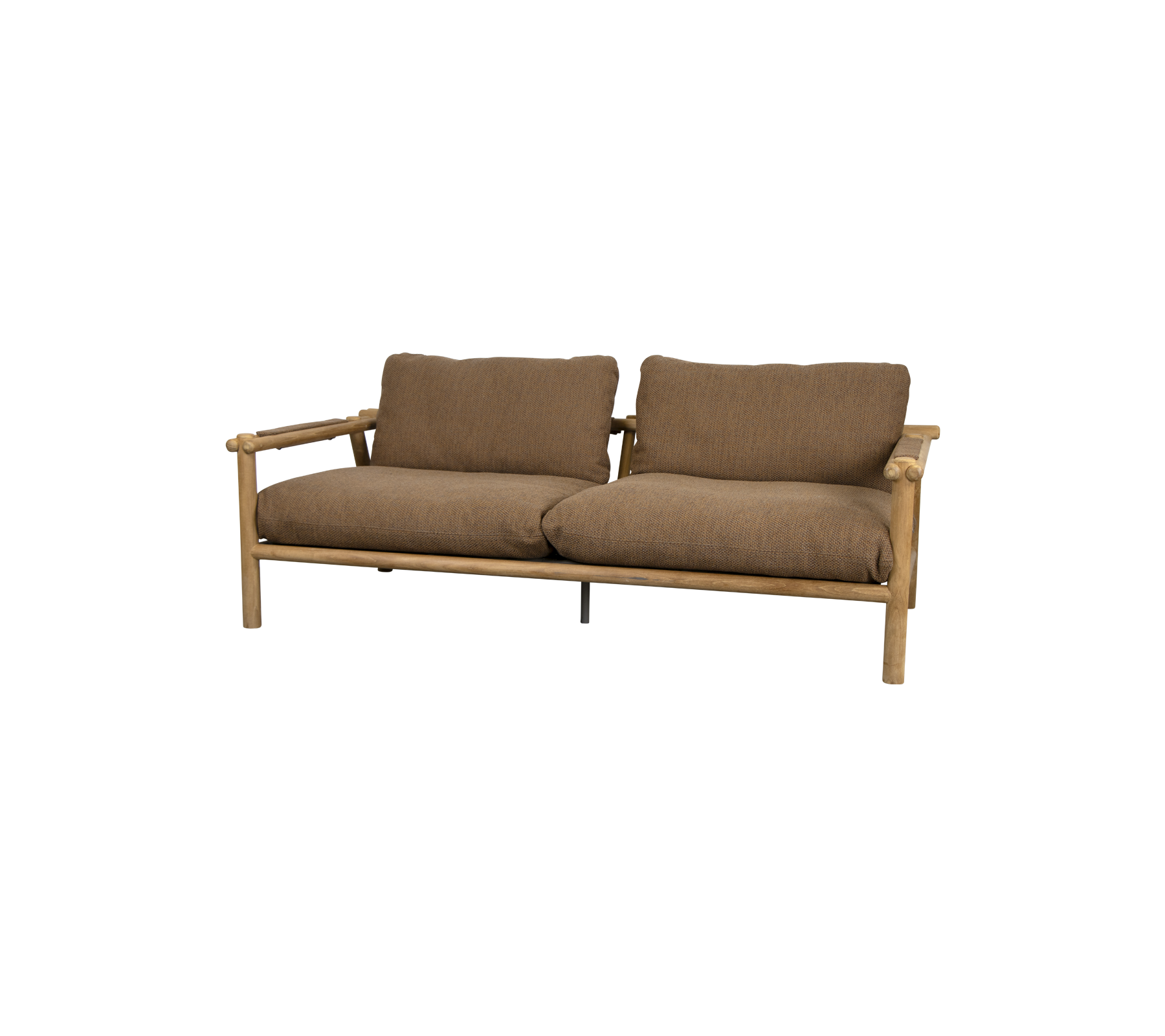 En komfortabel to-personers sofa med en træramme og bløde brune puder, designet til afslapning og stilfuld siddeplads.