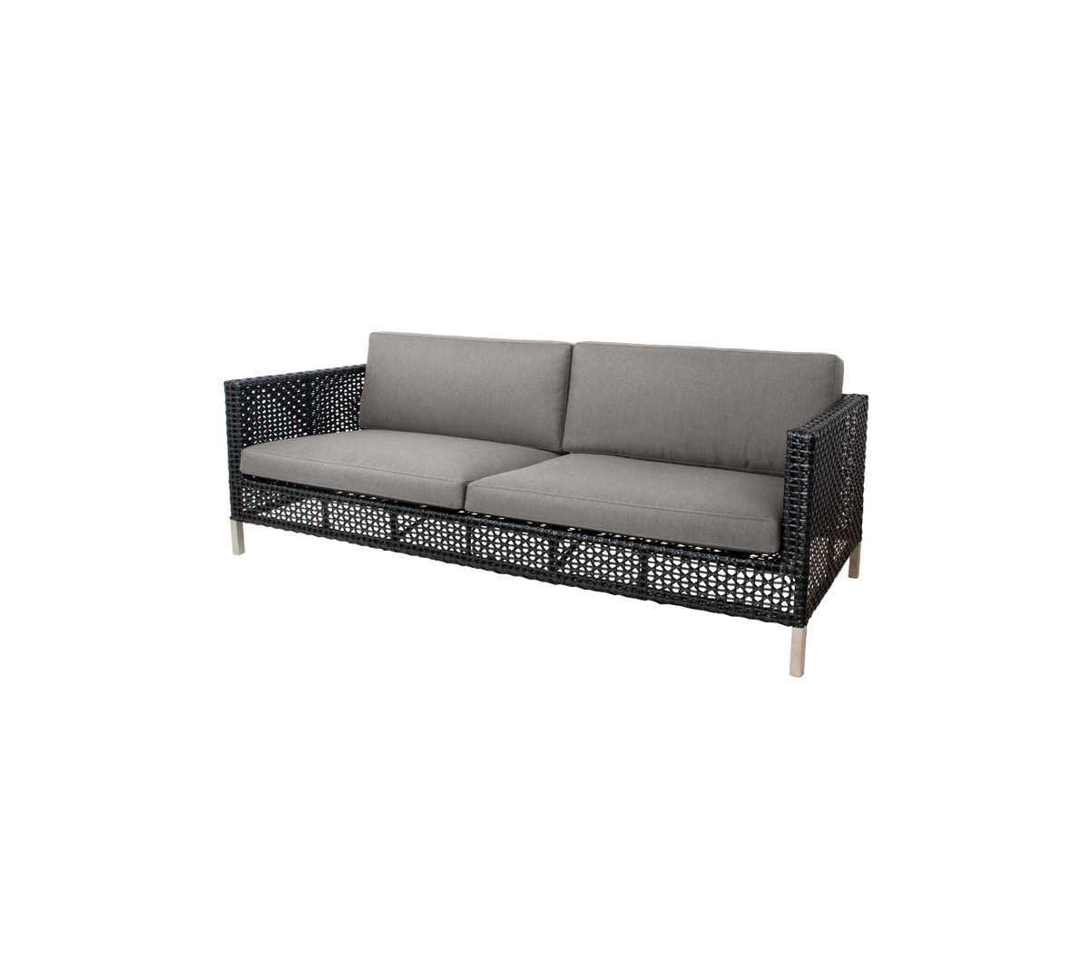 Stilfuld sofa med et vævet design og grå puder, designet for komfort og moderne æstetik. Perfekt til ethvert siddeområde.
