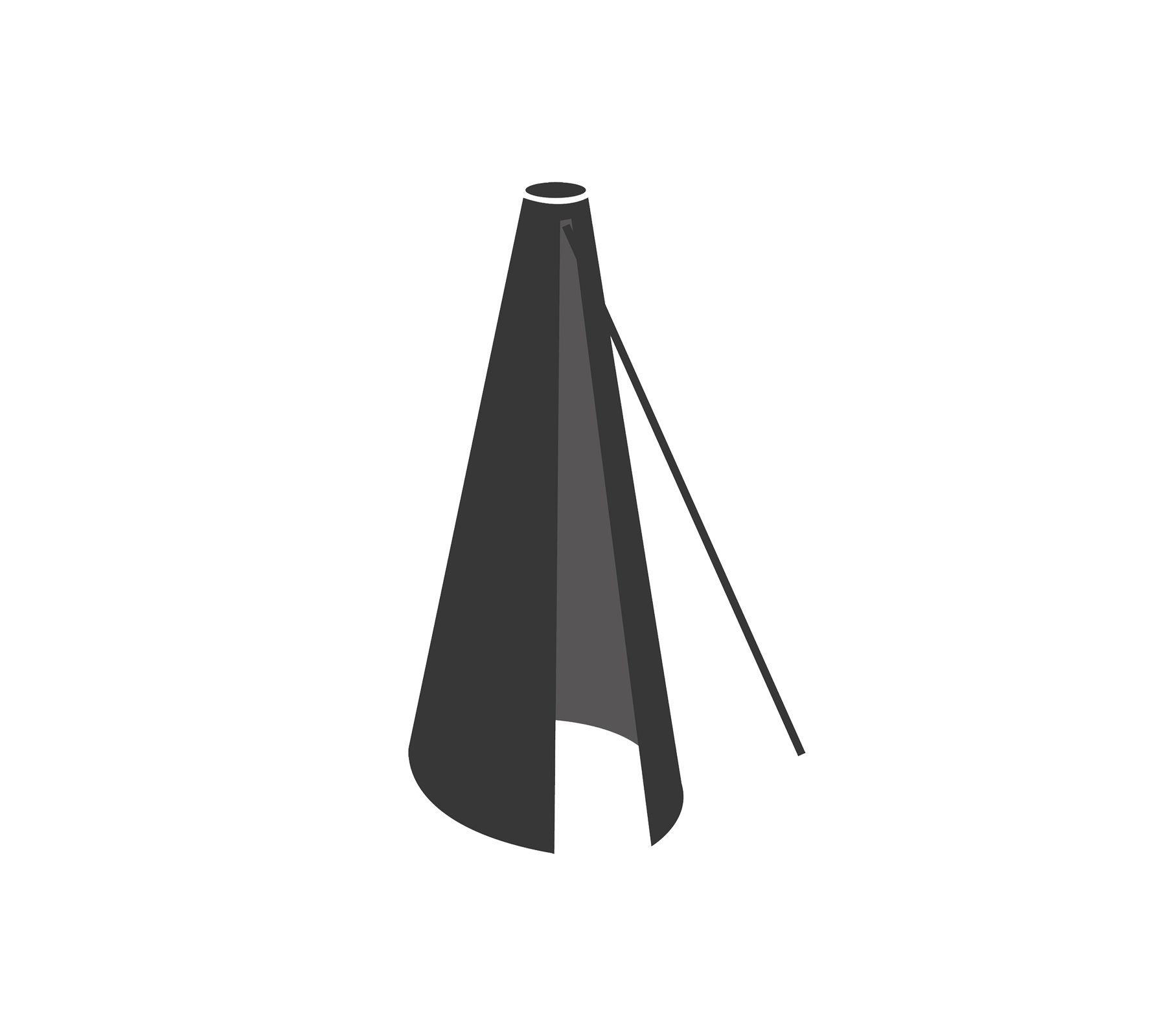 Et slankt, mørkfaret konformet objekt med en sideåbning og en støttepæl, designet til forskellige anvendelser.