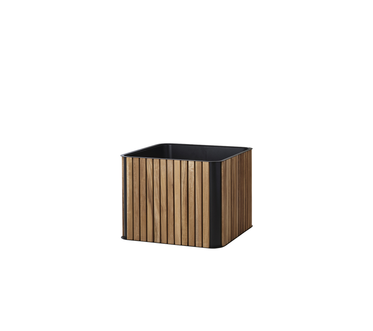 Kvadret plantekasse med en trælamel design og en sort base, ideel til at vise planter og forbedre ethvert rum.