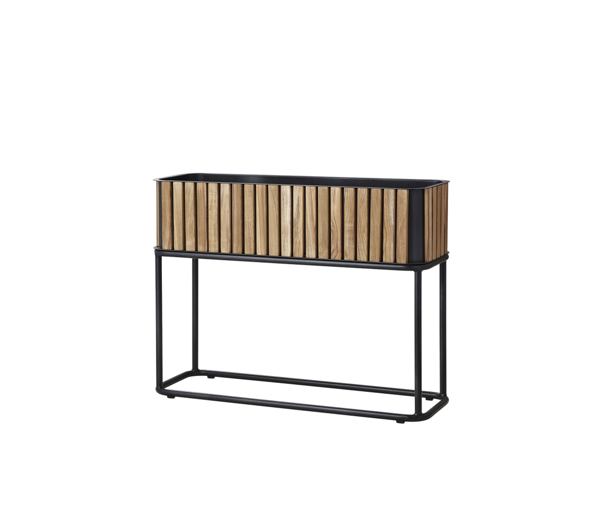 Træ plantekasse med en skræddersyet design, understøttet af en slank metalramme, velegnet til at vise planter eller blomster.