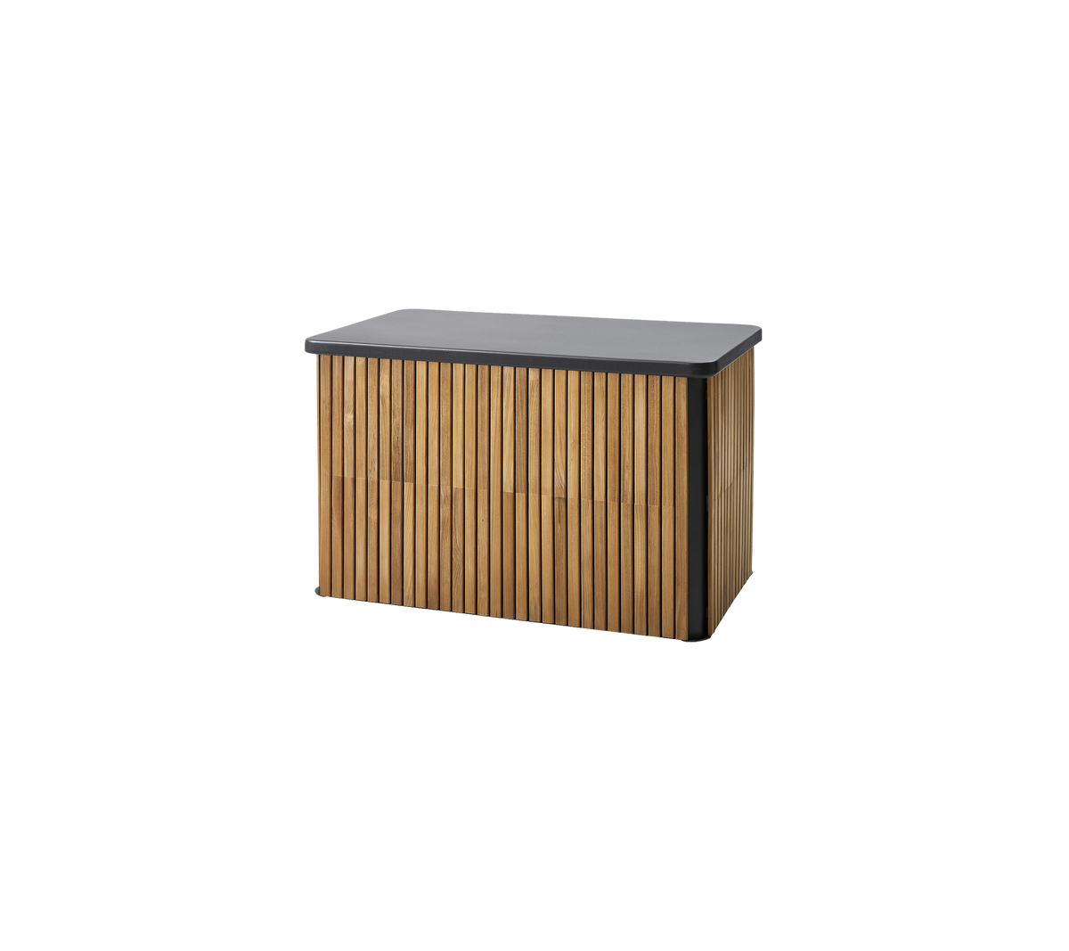 Trækasse i træ med en slatted design og en glat mørk top, ideel til organisation og stil.
