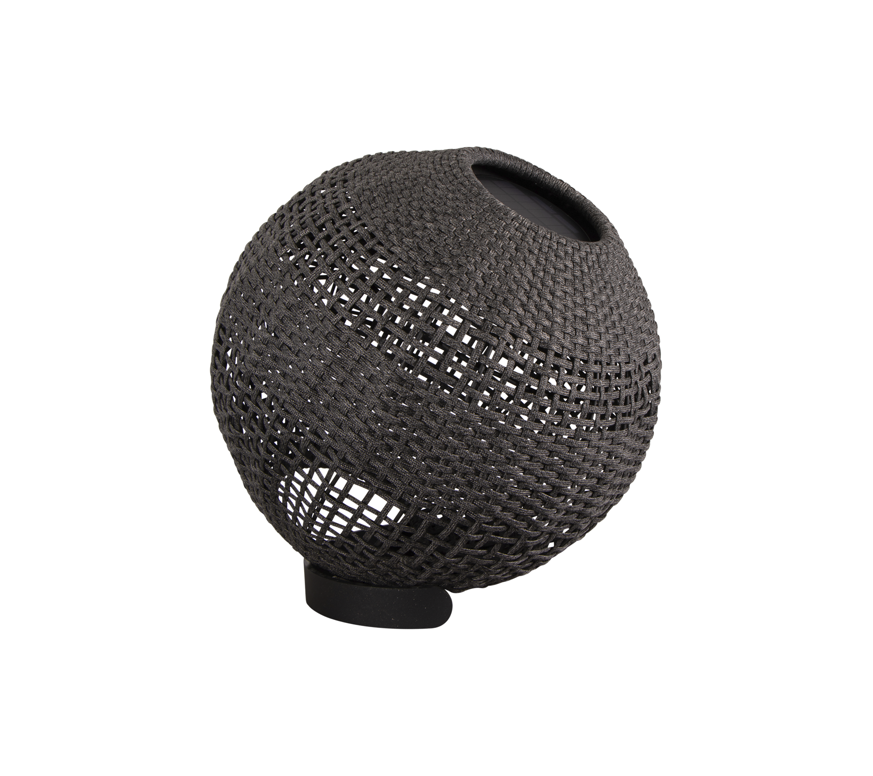 Dekorativ sfærisk lampe med en vævet tekstur og et minimalistisk design, der har en diskret lyskilde til atmosfærisk belysning.